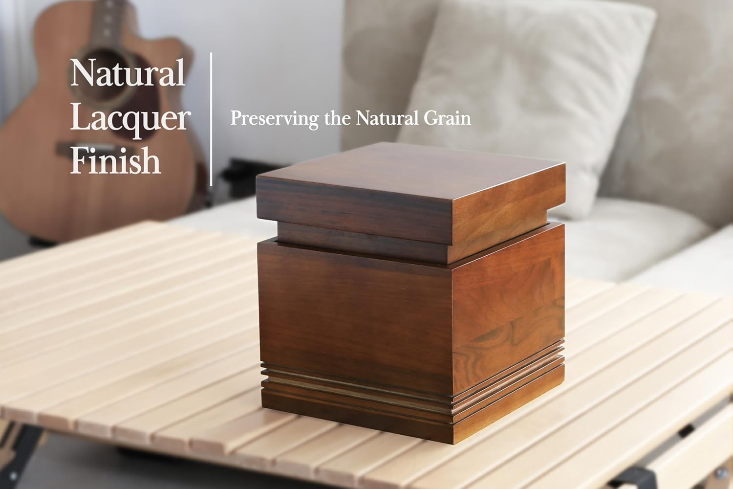 Highlights the product's natural lacquer finish that preserves the wood grain, appealing to customers who value authentic, high-quality wood products.
