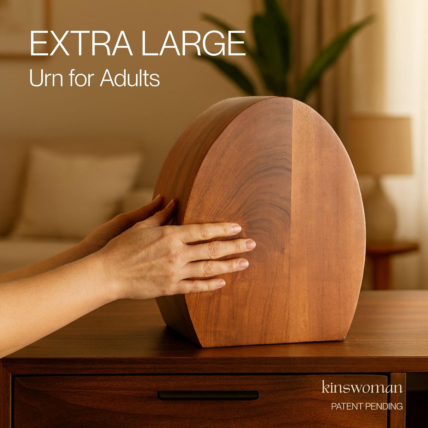 Demonstrates the large size of the urn to reassure customers it's suitable for adult remains. Highlights the product's key feature of being an extra large urn specifically designed for adults.