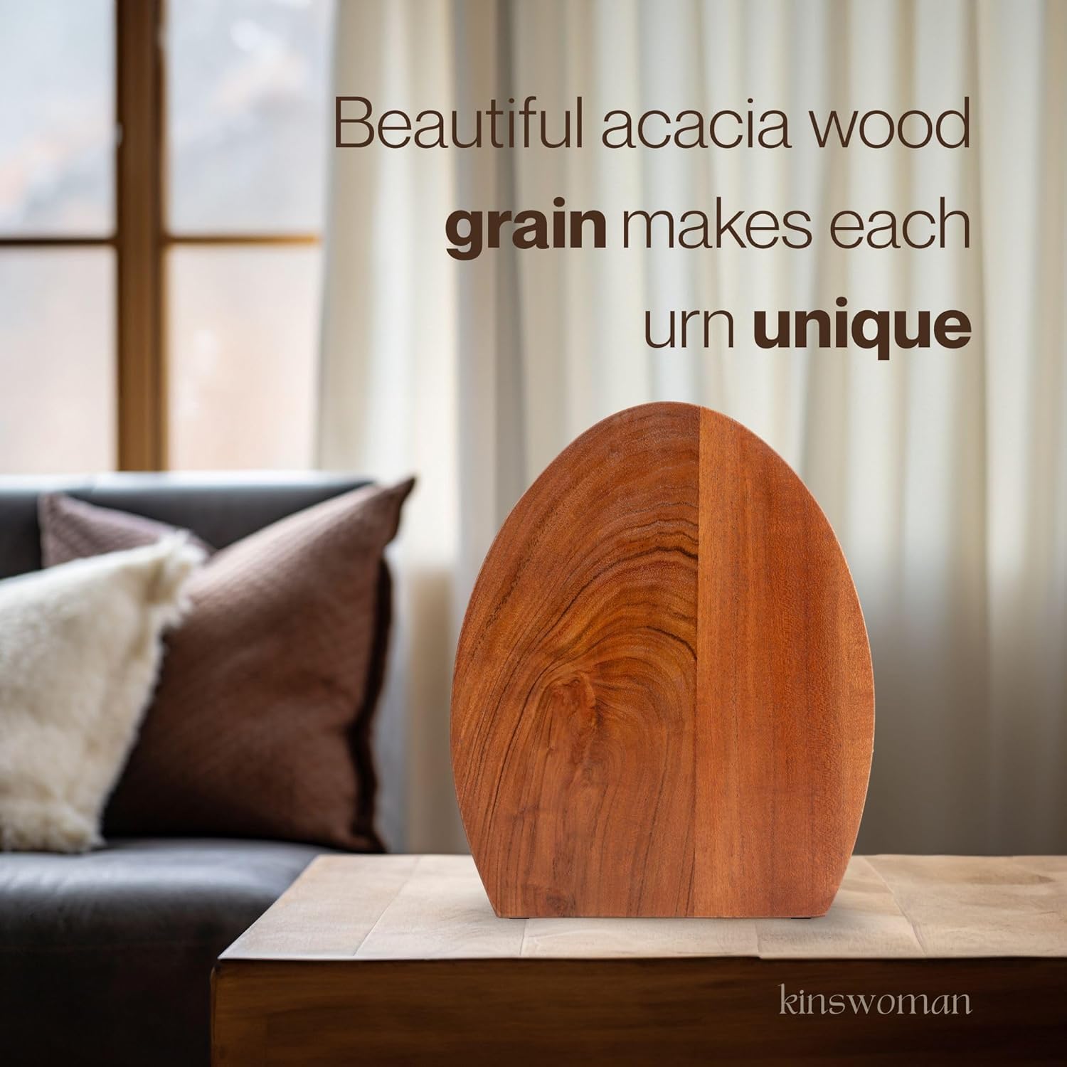 Highlights the unique acacia wood grain of each urn to emphasize its individuality and natural beauty.