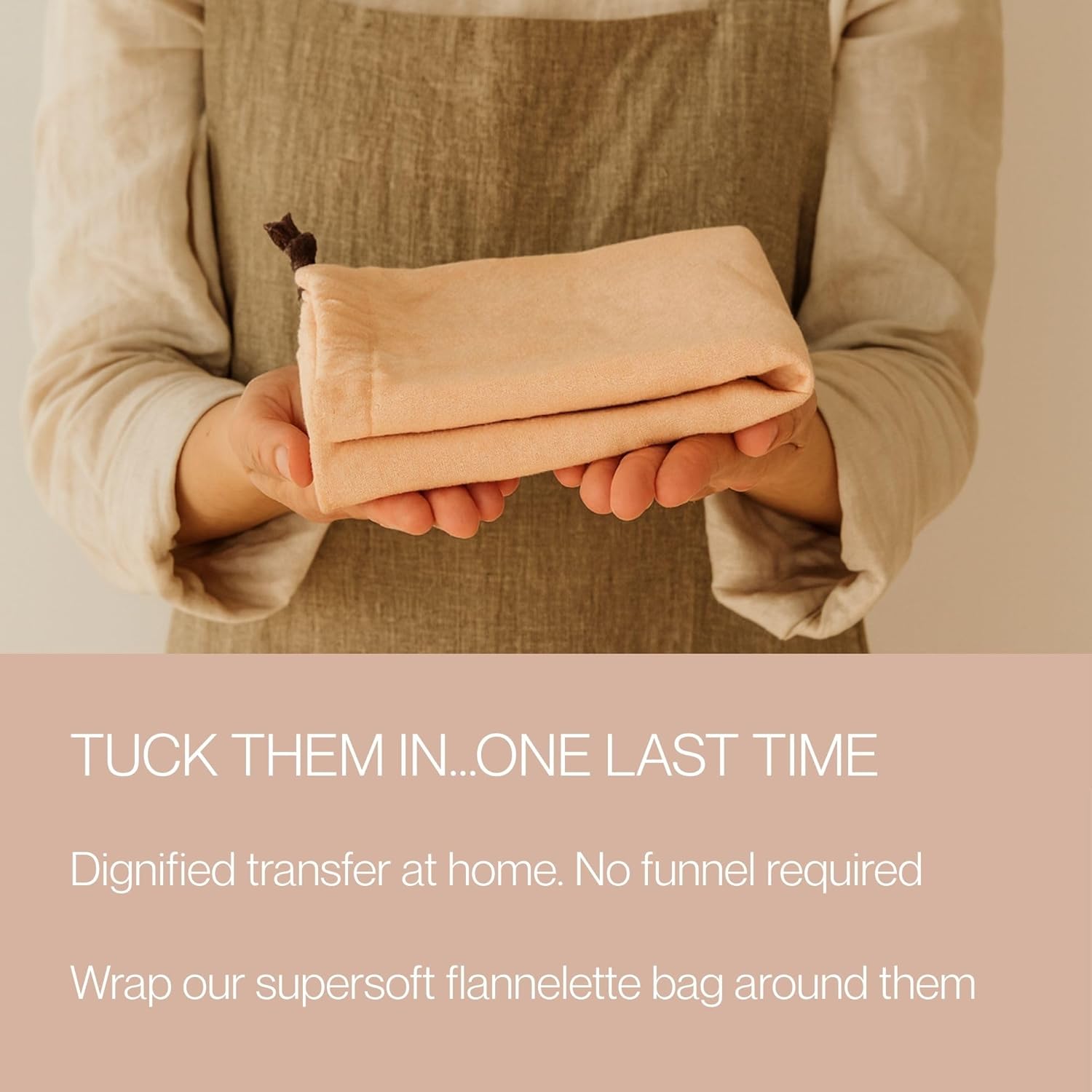 Highlights the product's ability to provide a dignified way to transfer cremated remains at home without the need for a funnel.