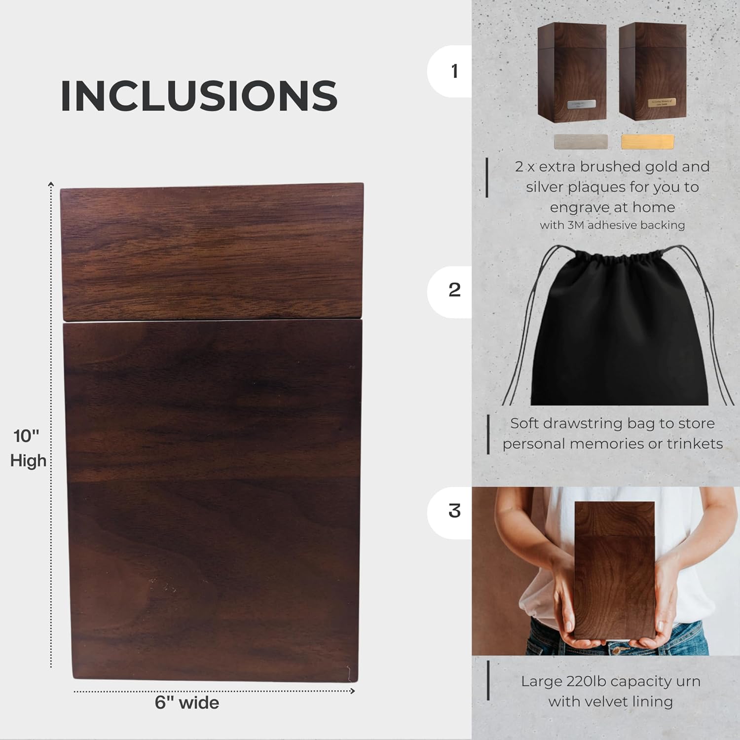 Shows all items included with the urn purchase, highlighting additional value and customization options.