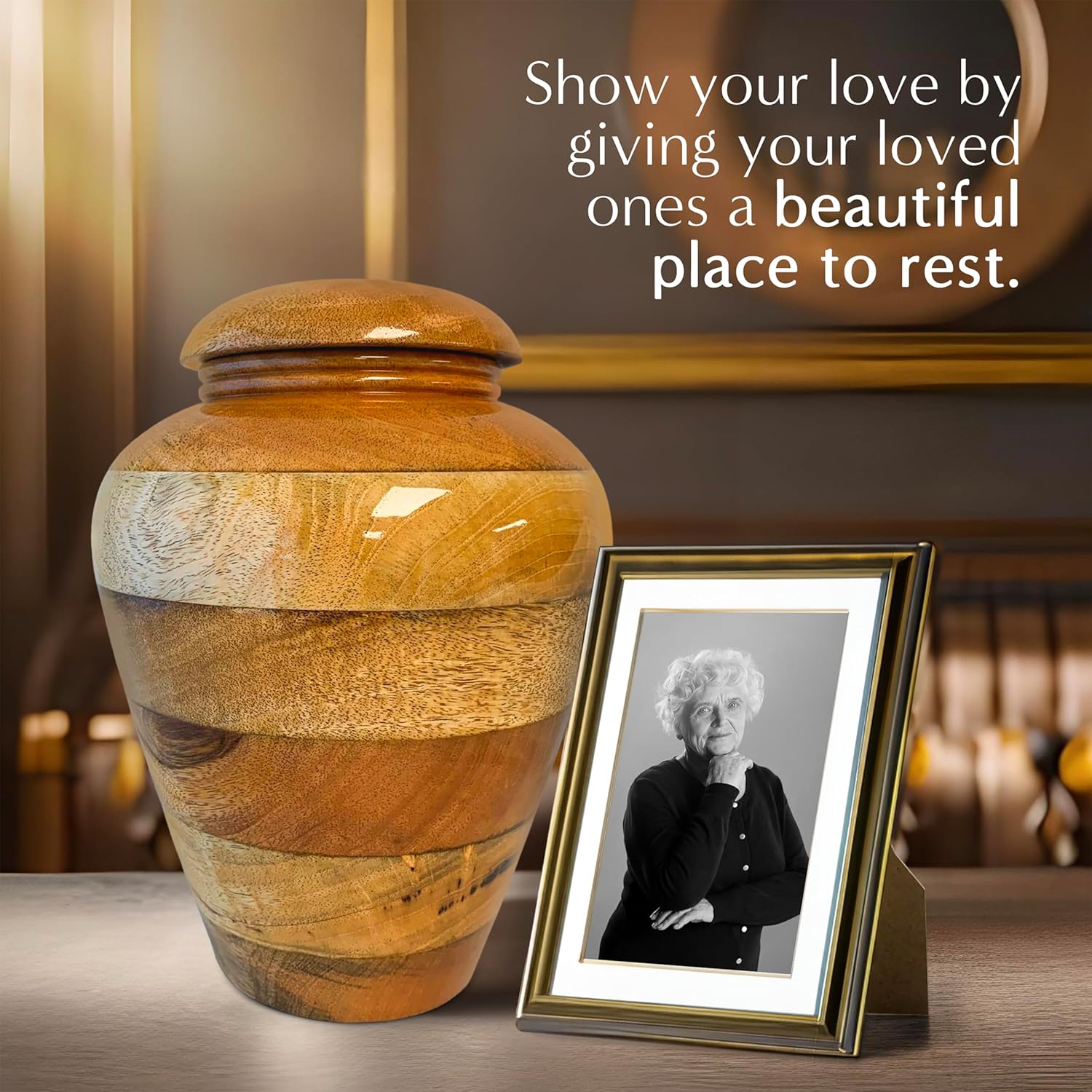 Emphasizes the product's aesthetic appeal as a final resting place for loved ones, appealing to emotional connections and desire for dignity in remembrance.