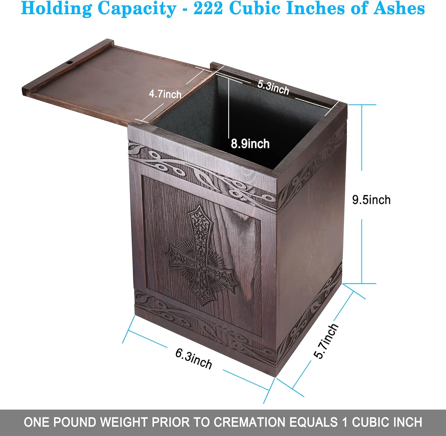 Provides exact measurements of the urn and its ash capacity to help customers understand the size and storage capabilities. Communicates the urn's ash capacity in cubic inches and provides a…