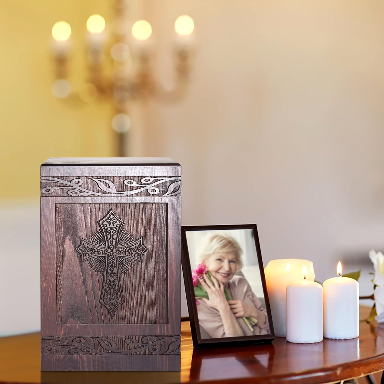 Showcases a complete memorial set including an ornate urn, photo frame, and candles to honor a loved one's memory.