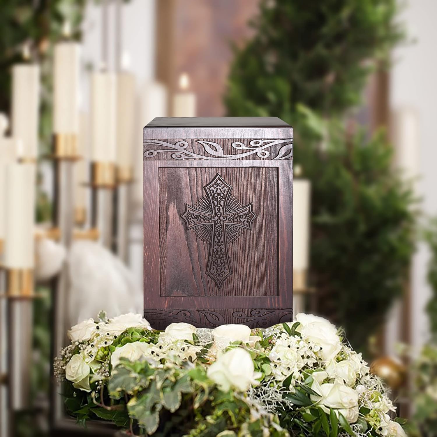 Shows the product in a real-world memorial or funeral context to demonstrate its appropriate use and aesthetic appeal in such settings.