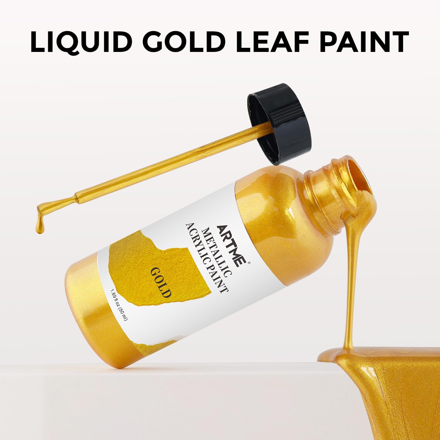 Highlights the product's unique feature of being a liquid gold leaf paint, showcasing its consistency and color.