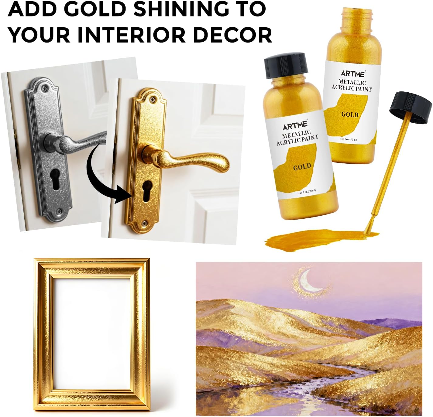 Demonstrates various ways to use gold metallic paint to upgrade interior decor items, showcasing the product's versatility.
