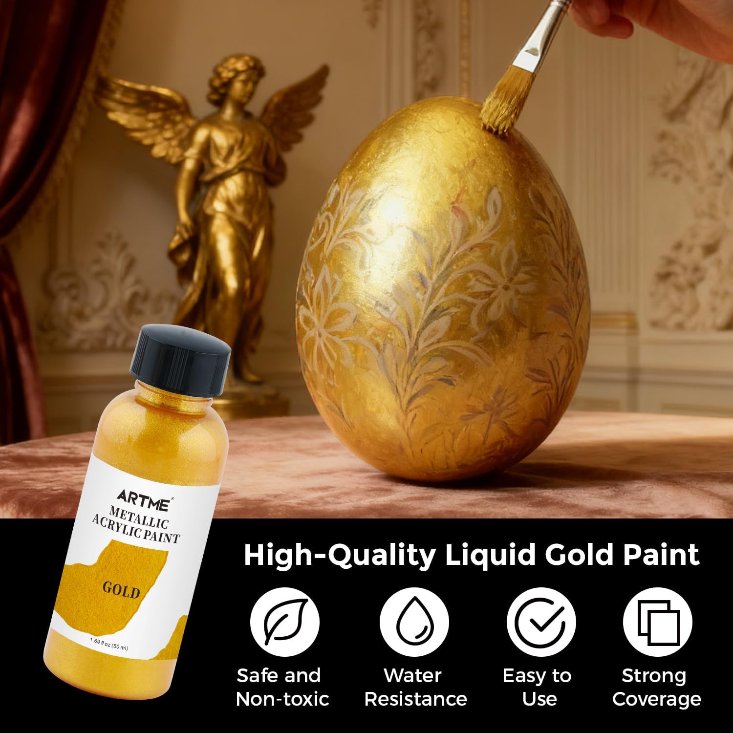 Showcases the product's ability to create luxurious gold finishes on various surfaces, emphasizing its quality and versatility.