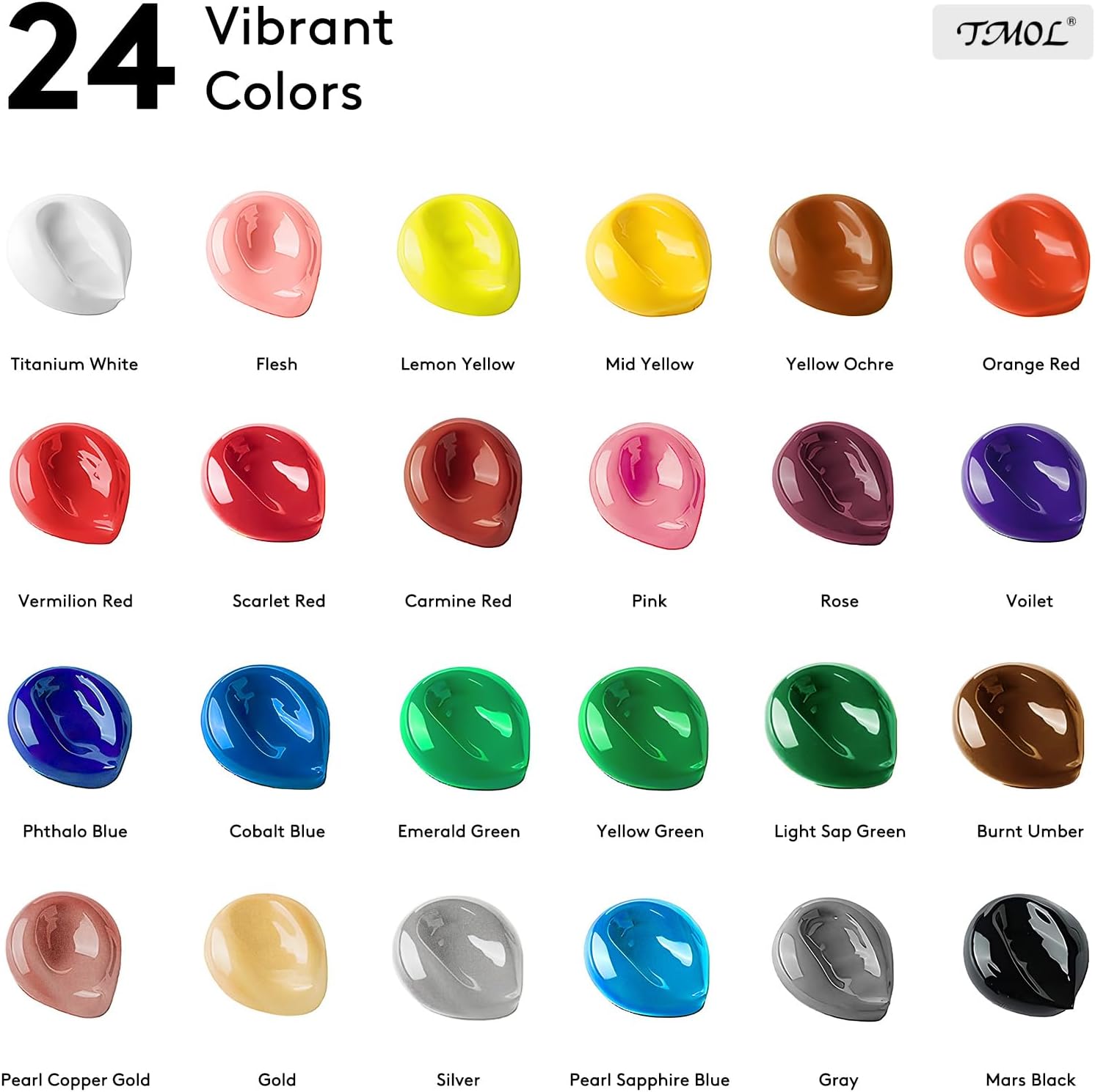 Showcases the wide range of 24 vibrant color options available for the product, allowing customers to visualize the choices and find their preferred shade.