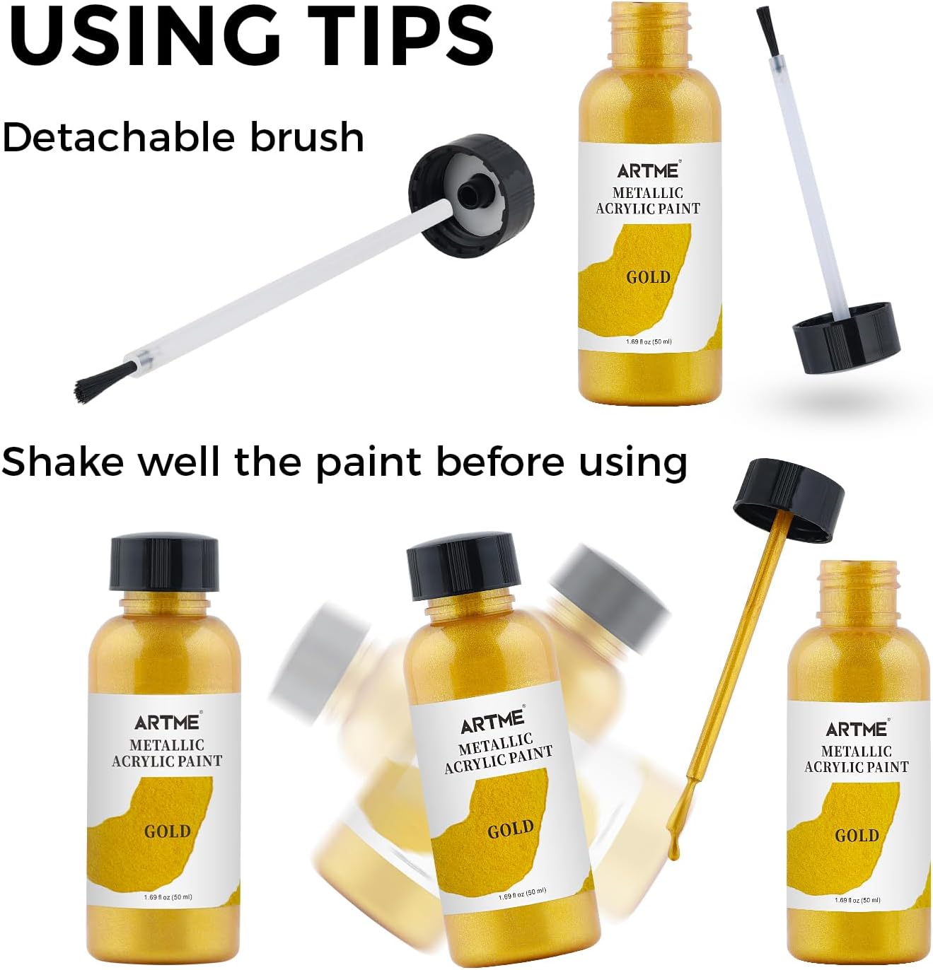 Demonstrates how to properly use the metallic acrylic paint, focusing on the detachable brush and shaking the paint before use.