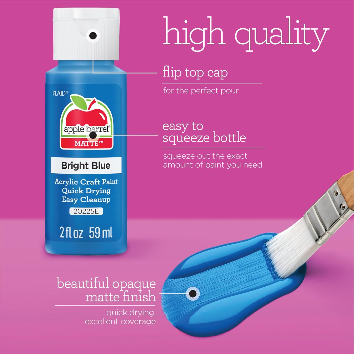 Highlights multiple features of the paint bottle design and the paint's finish to showcase its ease of use and quality results.