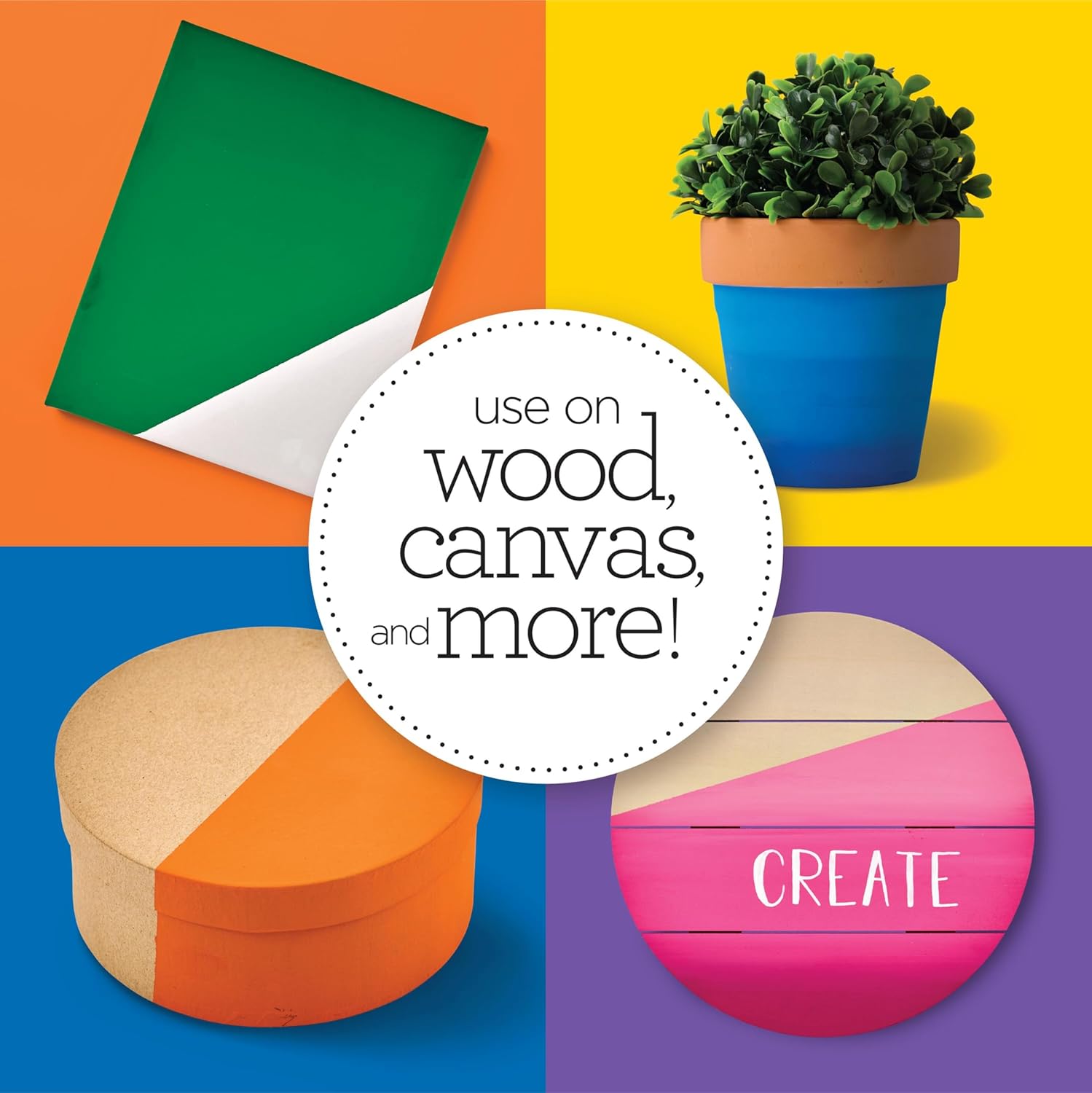 Demonstrates the product can be used on various materials like wood, canvas, and other surfaces, highlighting its versatility for different creative projects.