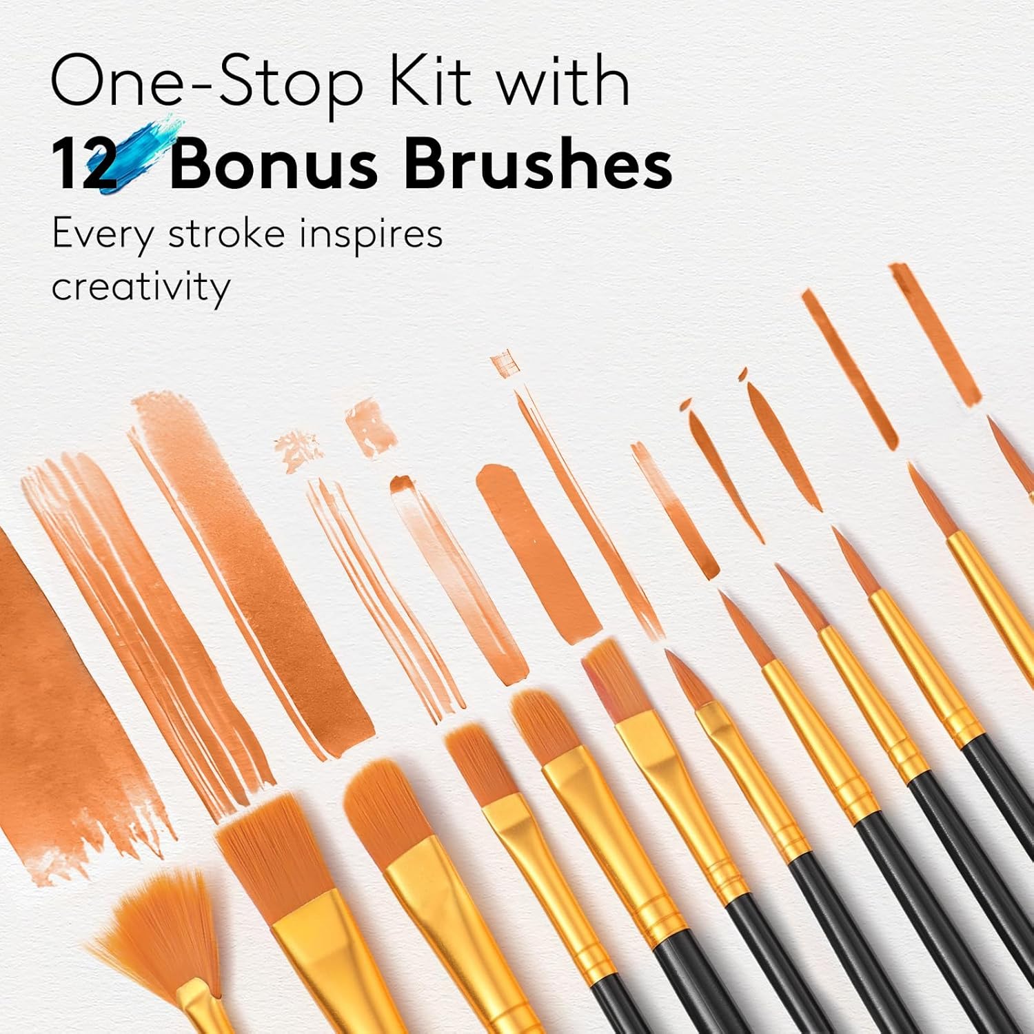 Highlights that the kit includes 12 bonus brushes, emphasizing the value and completeness of the set for artists. Emphasizes that every brush stroke inspires creativity, appealing to artists' desire…