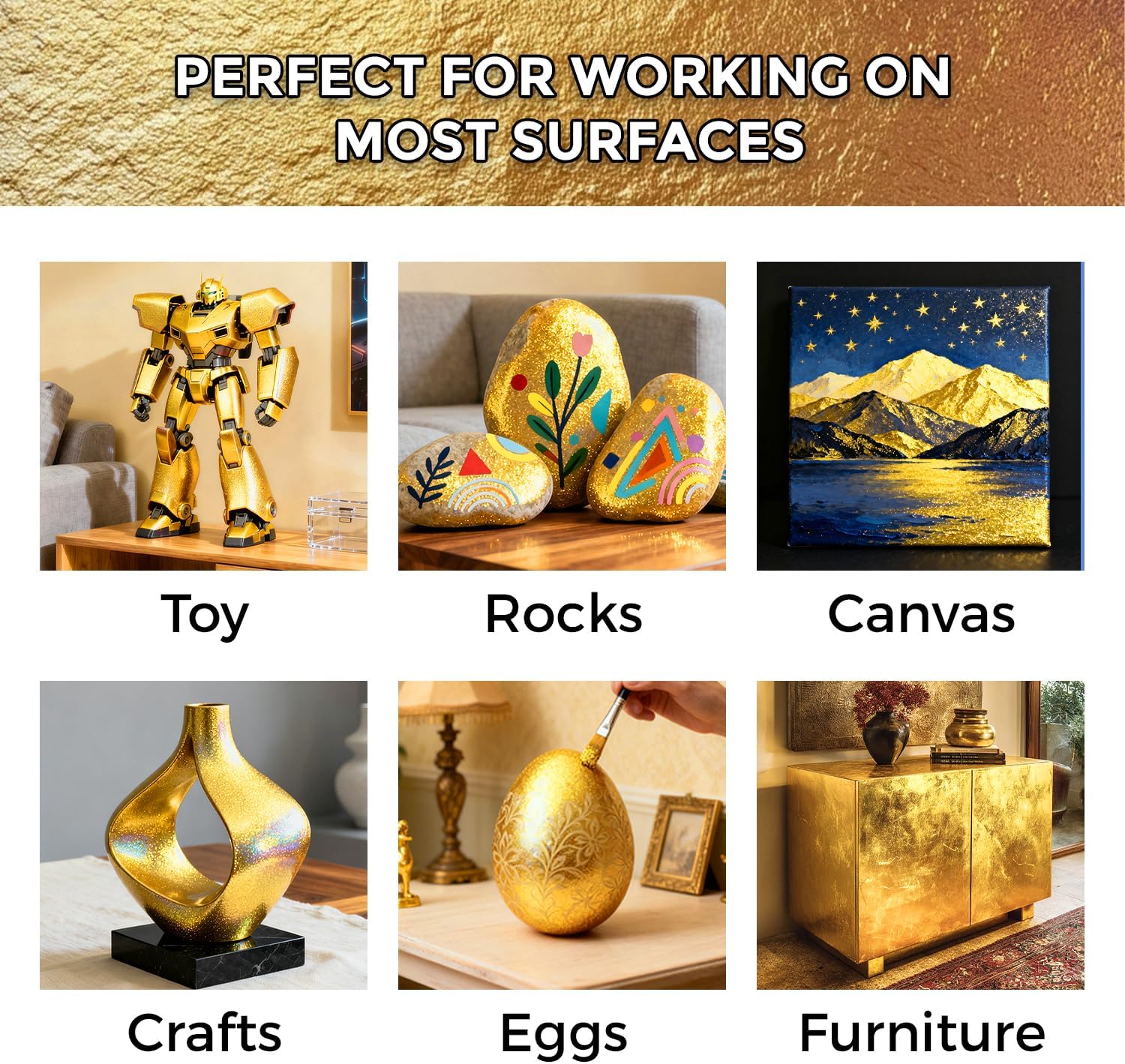 Demonstrates the product's versatility by showing it can be used on various surfaces and objects, from toys to furniture.