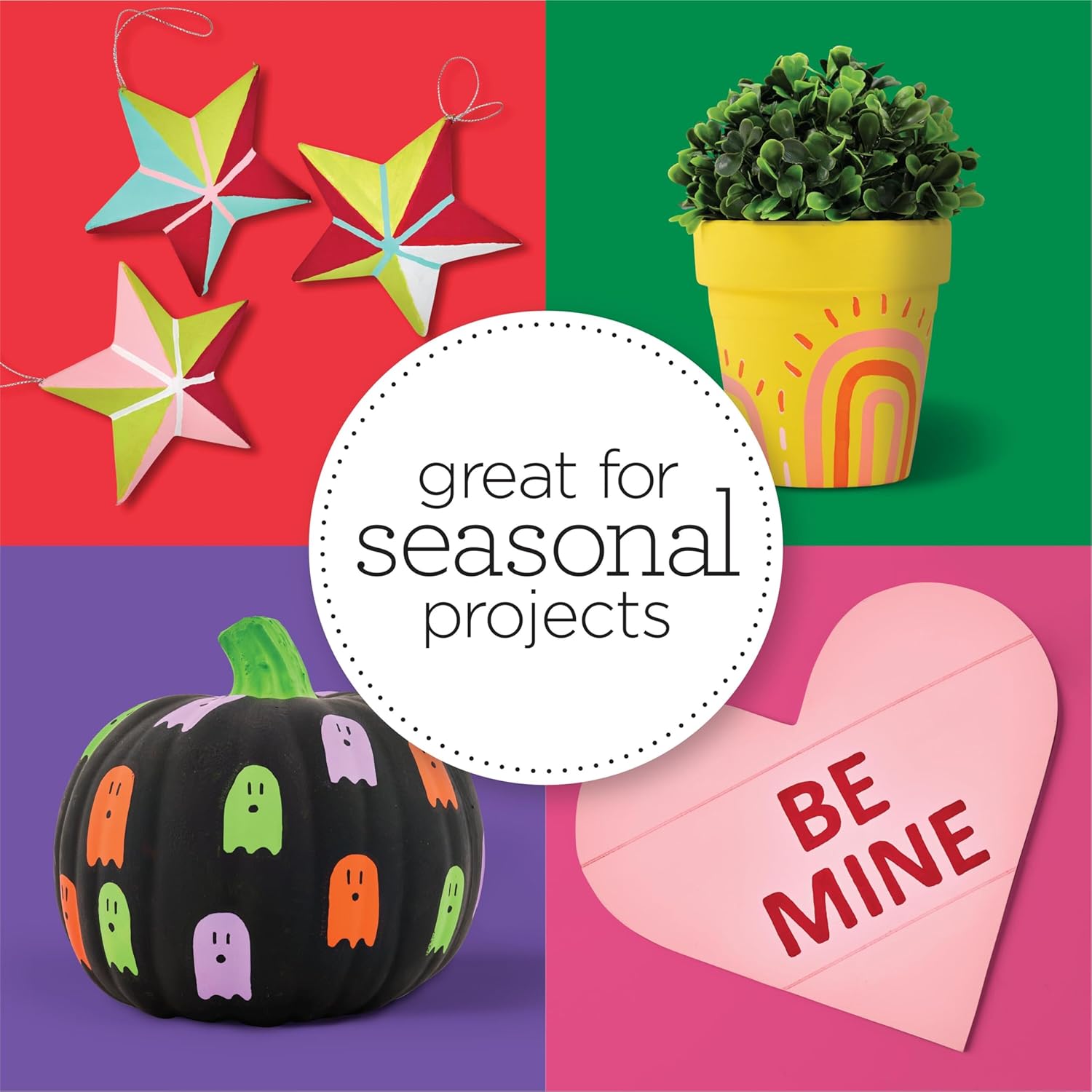 Showcases the product's versatility for various seasonal craft projects throughout the year. Demonstrates different creative applications of the product for various holidays and seasons.
