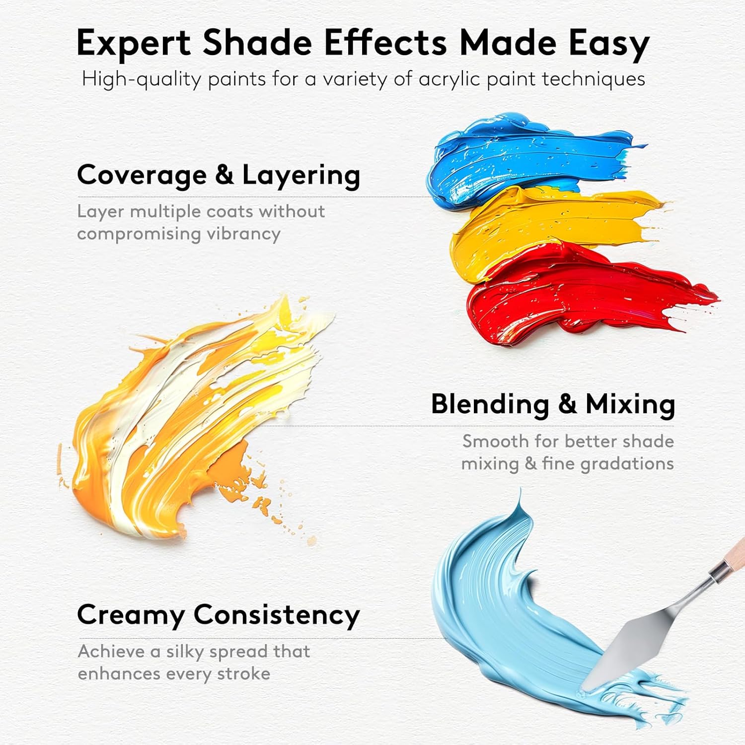 Highlights multiple key features of the acrylic paints to demonstrate their versatility and quality for various painting techniques.
