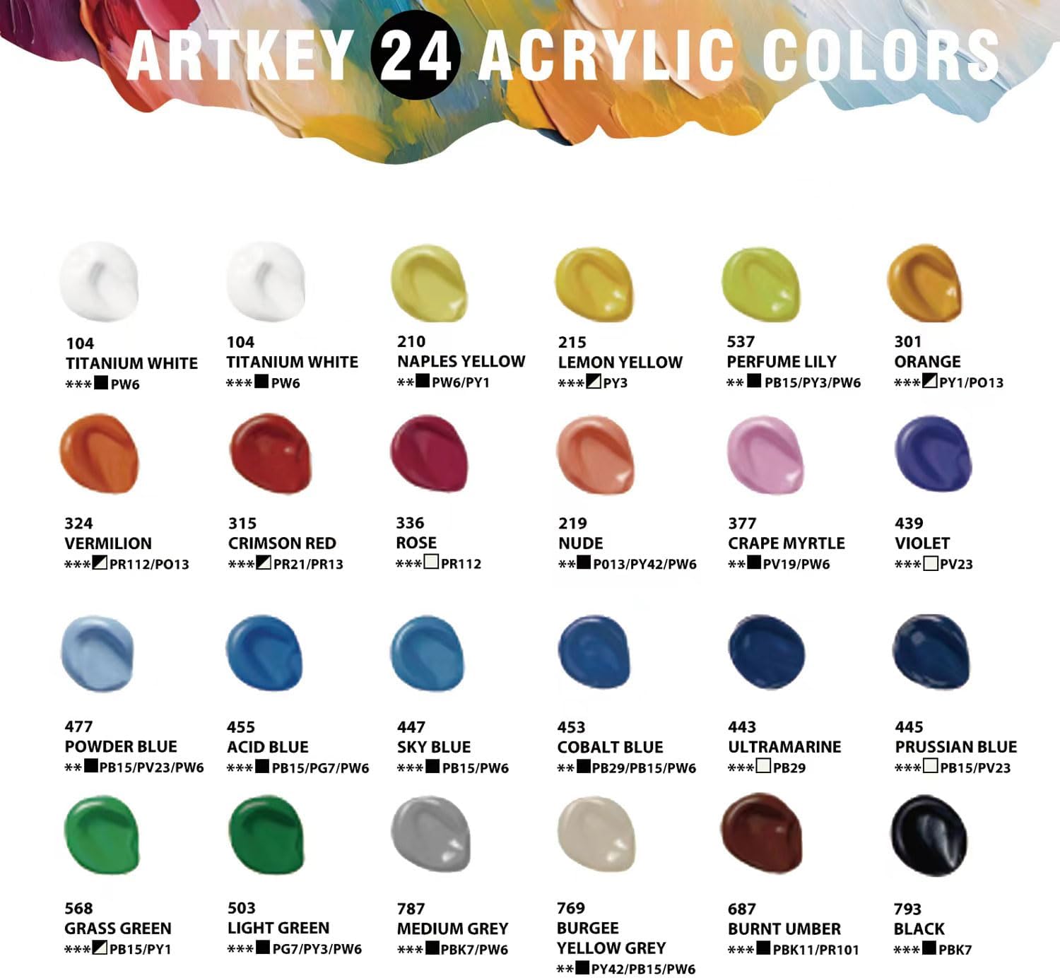 Showcases the full range of 24 acrylic paint colors included in the set, allowing customers to see the variety and vibrancy of colors available.