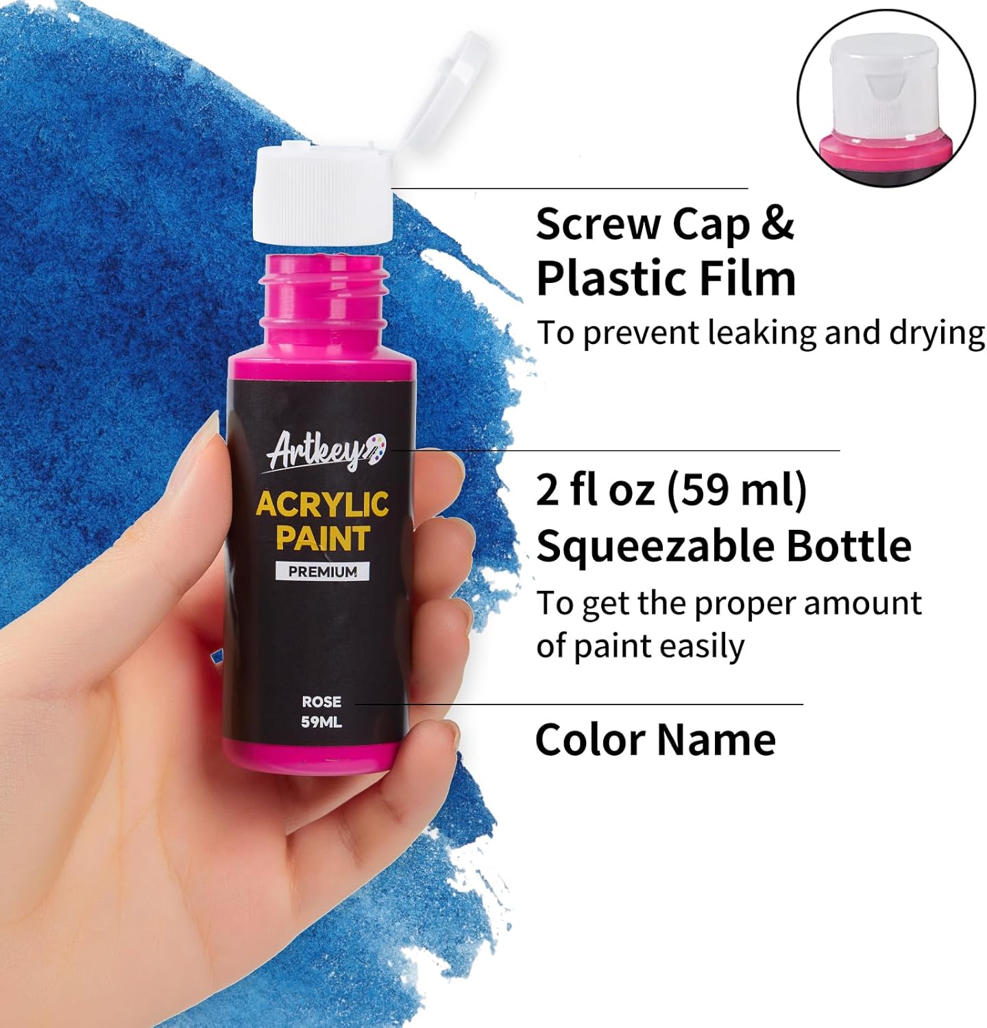 Highlights key features of the paint bottle design to show how it prevents leaking and allows for easy paint dispensing.