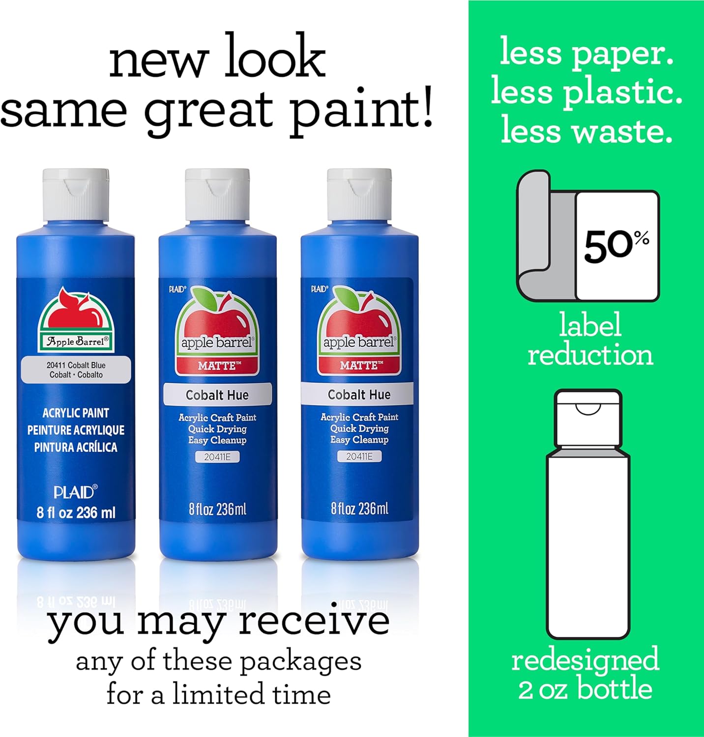 Informs customers about changes to the product packaging while highlighting environmental benefits of the new design. Reassures customers that despite packaging changes, the paint quality remains…