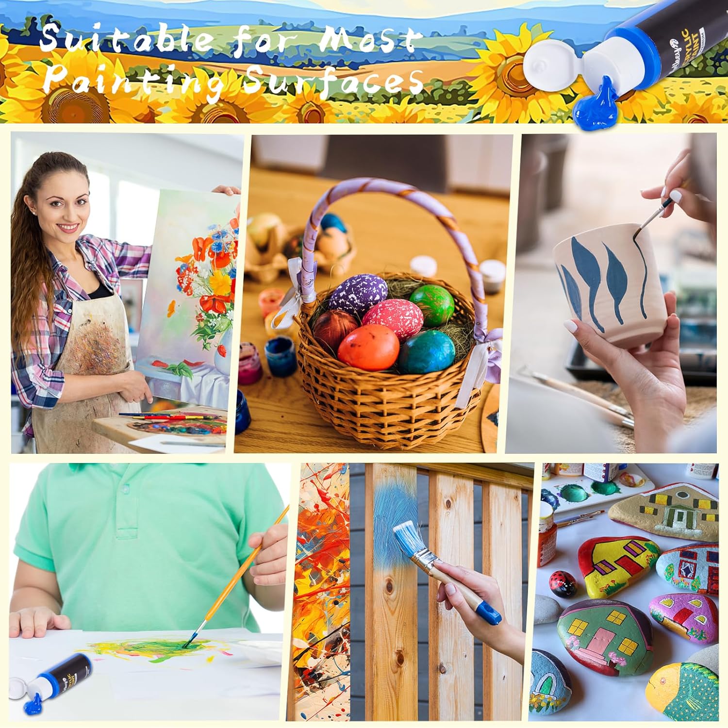 Showcases the variety of surfaces and projects the paint can be used for, demonstrating its versatility to potential buyers.