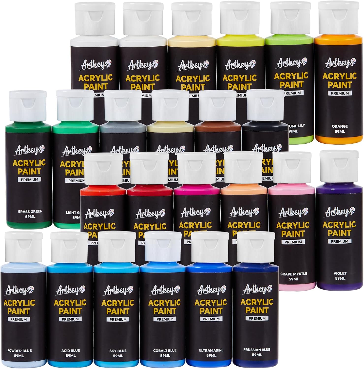 Showcases the complete set of acrylic paint colors available in the product line, demonstrating the variety and options for customers.