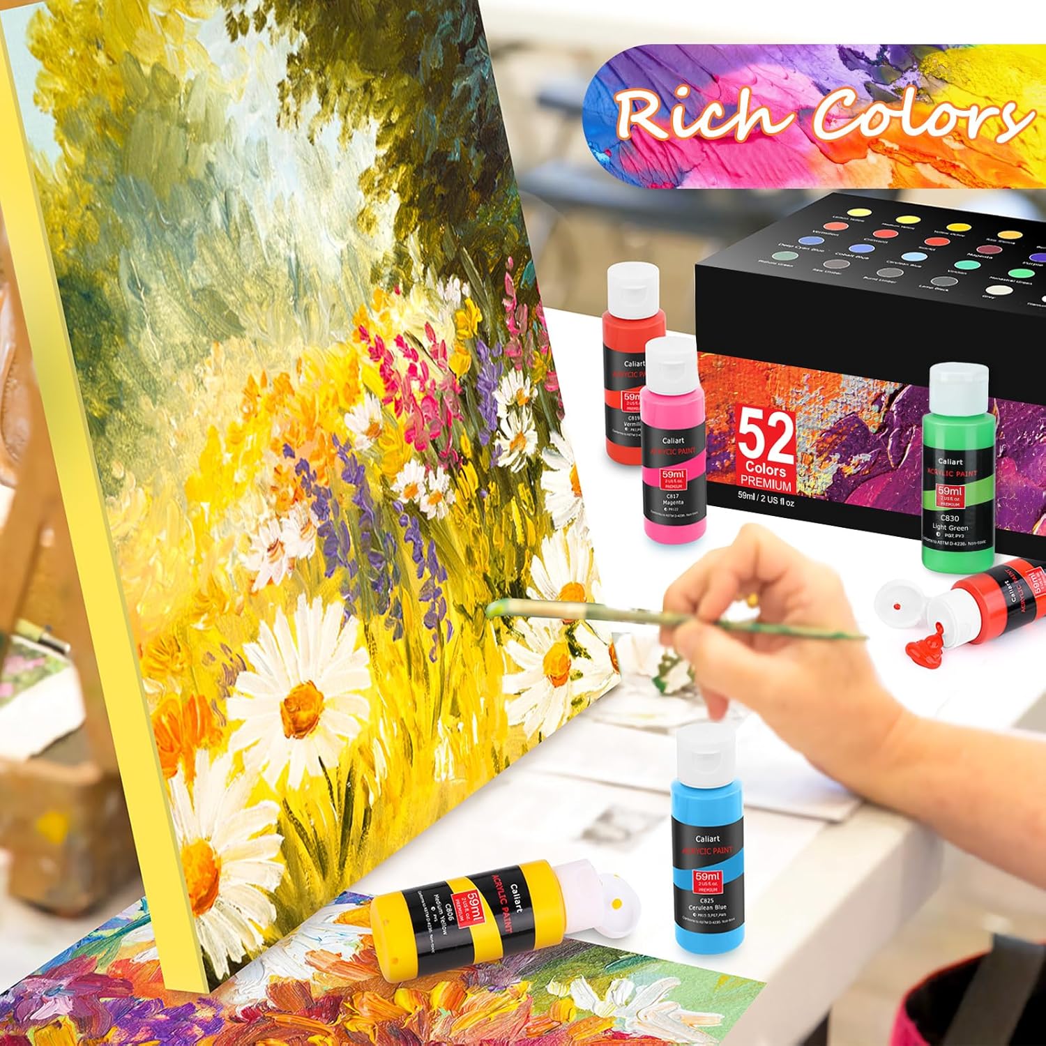 Showcases the wide range of vibrant colors available in the paint set, emphasizing the product's versatility for creating colorful artwork.