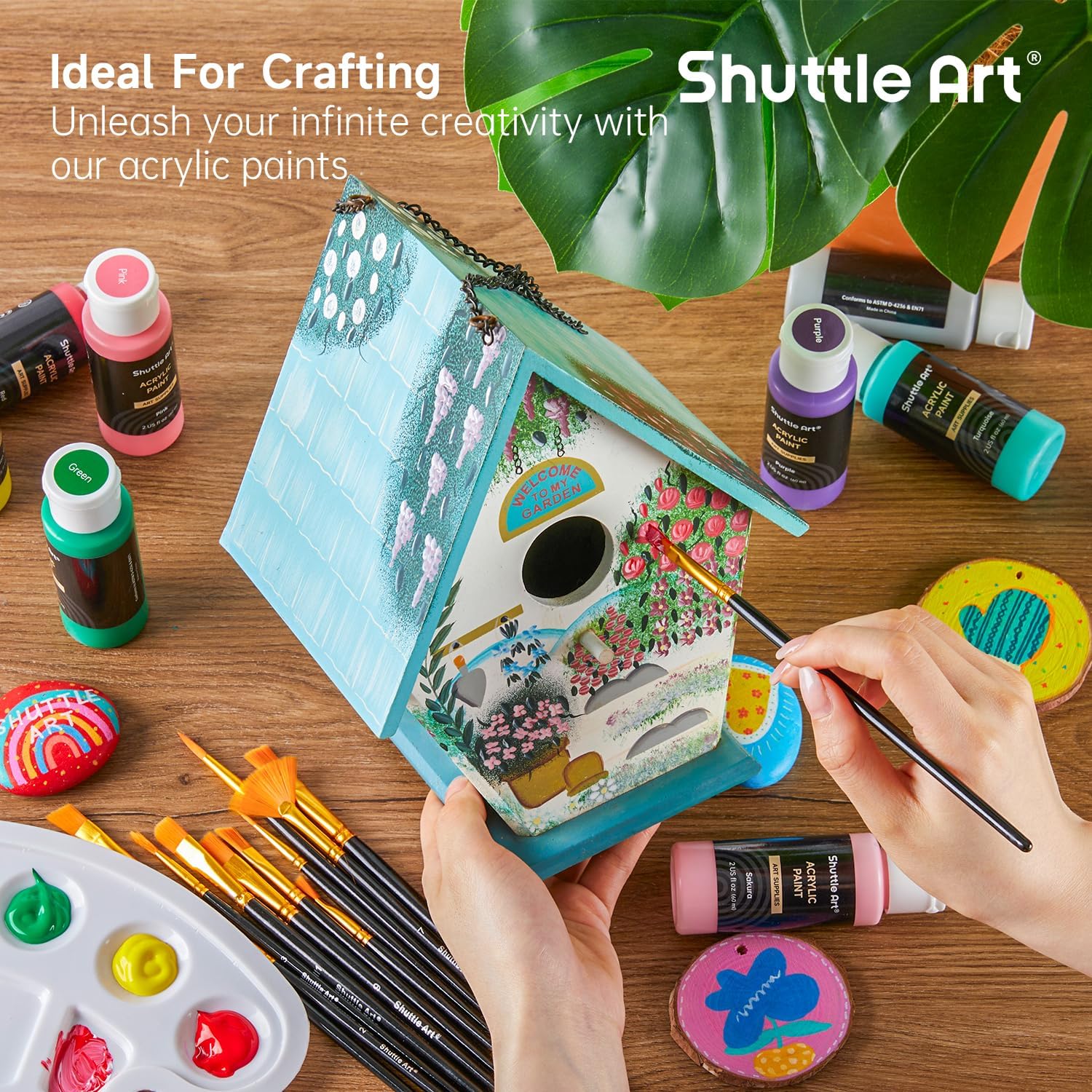 Showcases the versatility of the acrylic paints for various crafting projects, encouraging creative use. Emphasizes how the product enables unlimited creativity in crafting, appealing to artistic…