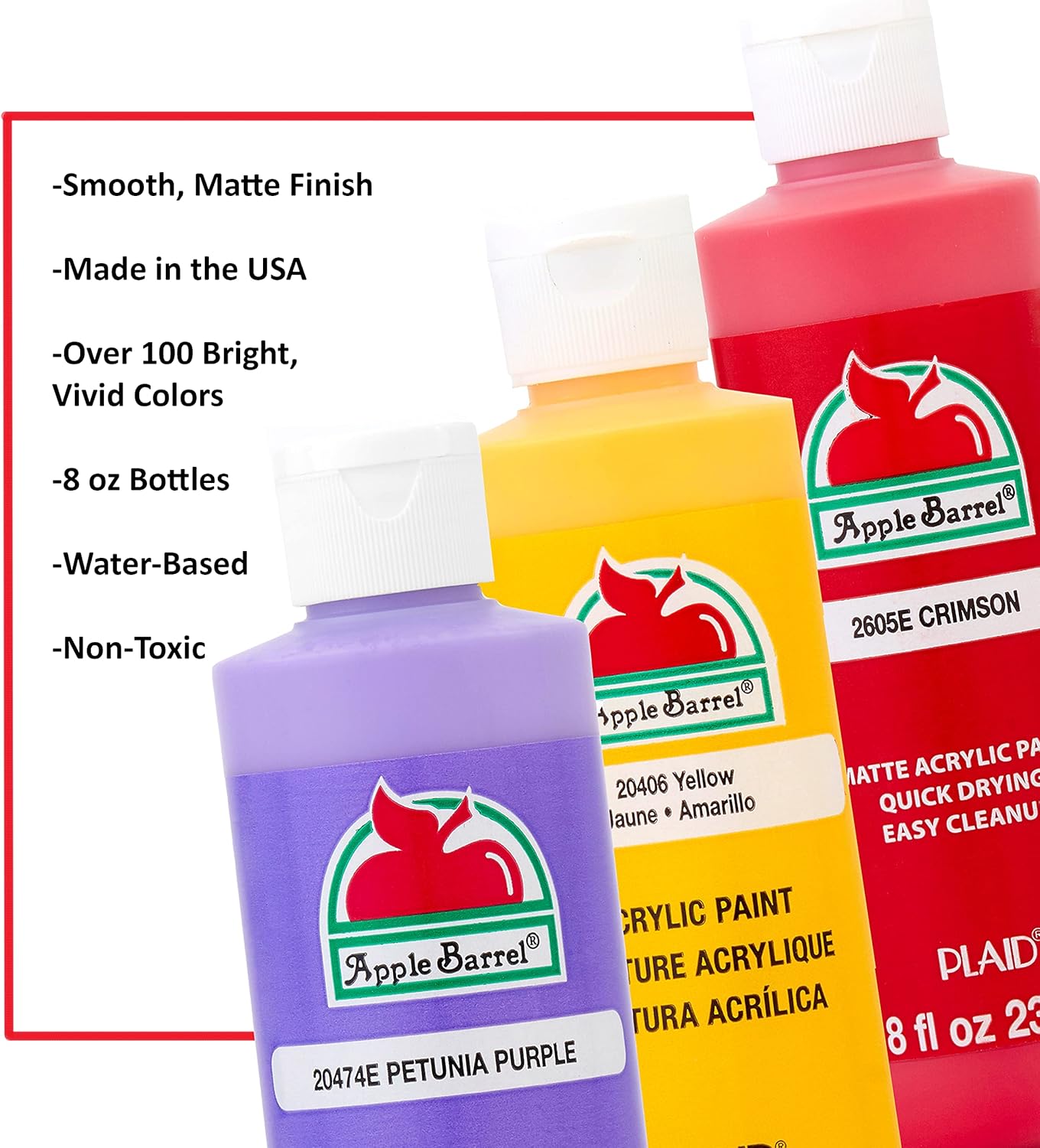 Highlights multiple key features and benefits of the Apple Barrel acrylic paint to showcase its quality and versatility.