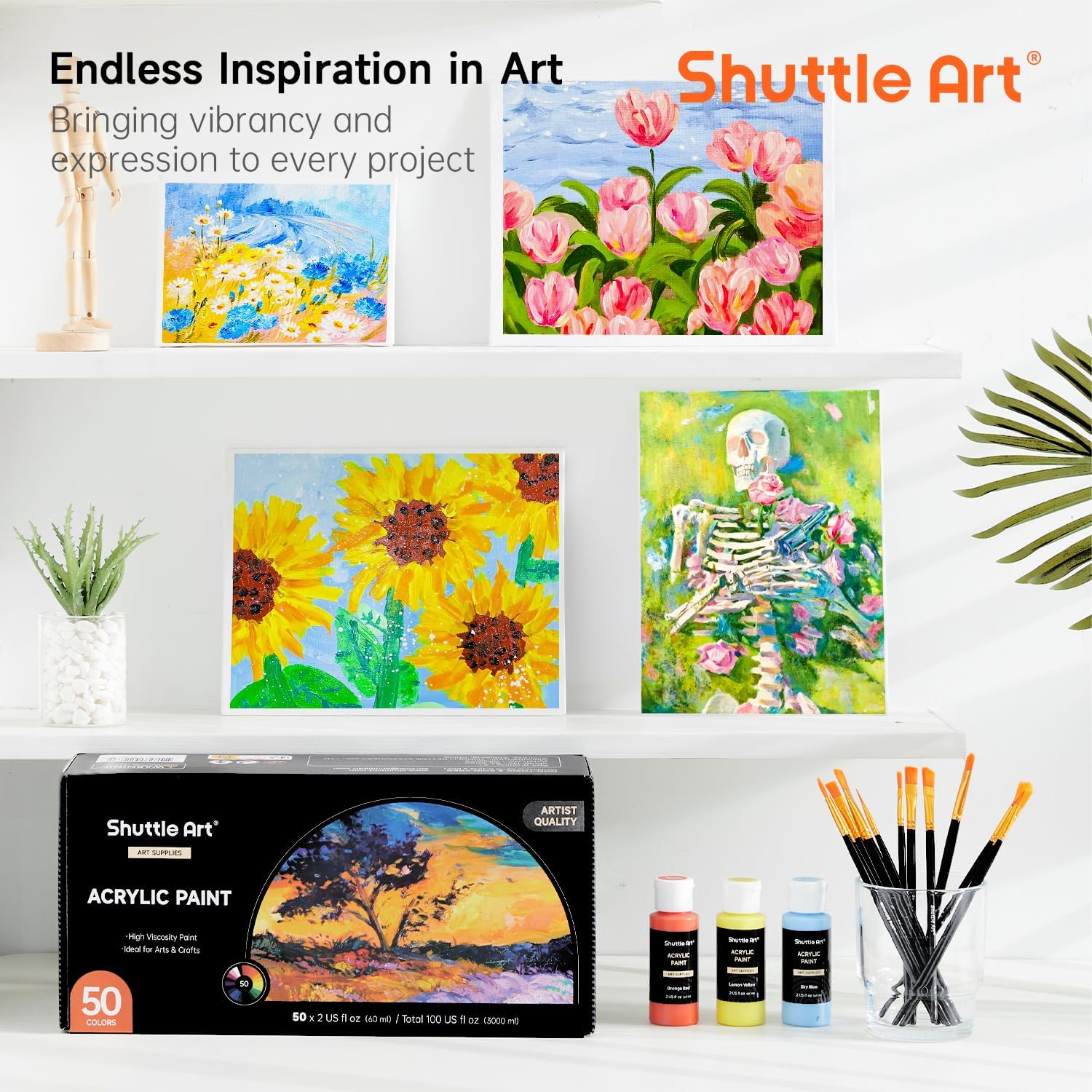Highlights the brand's ability to provide artistic inspiration and versatile art supplies for various creative projects. Shows the range of art supplies included in the Shuttle Art product line,…