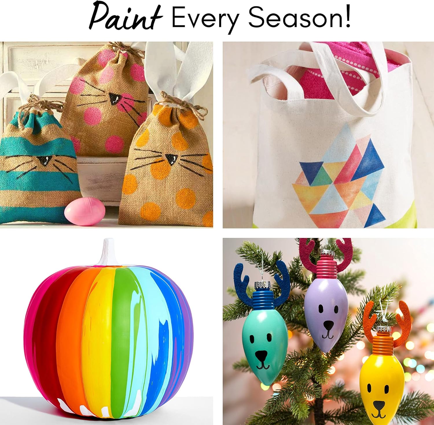 Showcases various creative painting projects for different seasons and holidays, encouraging year-round use of the product.