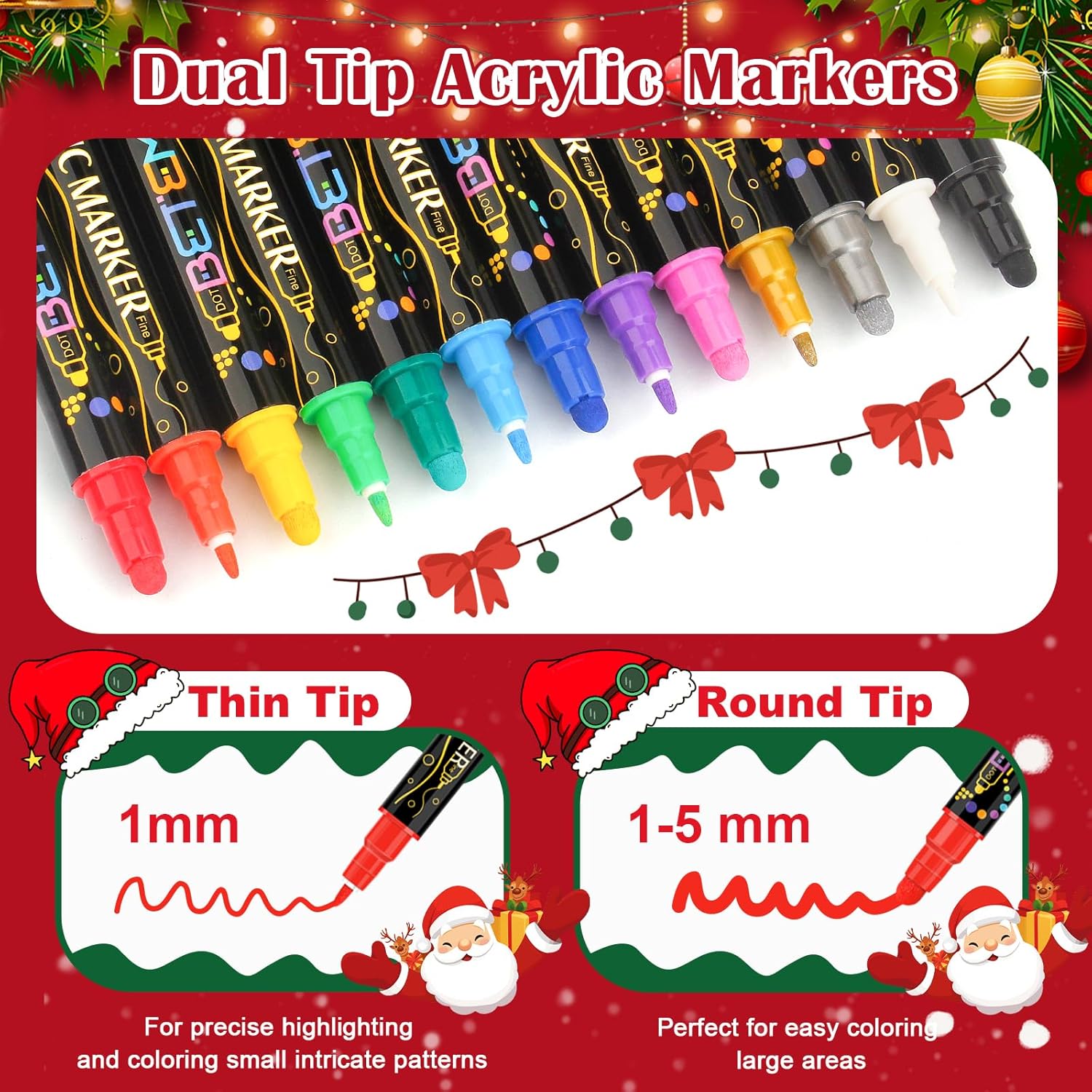 Highlights the dual-tip feature of acrylic markers while tying it to Christmas-themed crafting and decorating. Showcases the dual-tip functionality and wide color range of the markers for different…