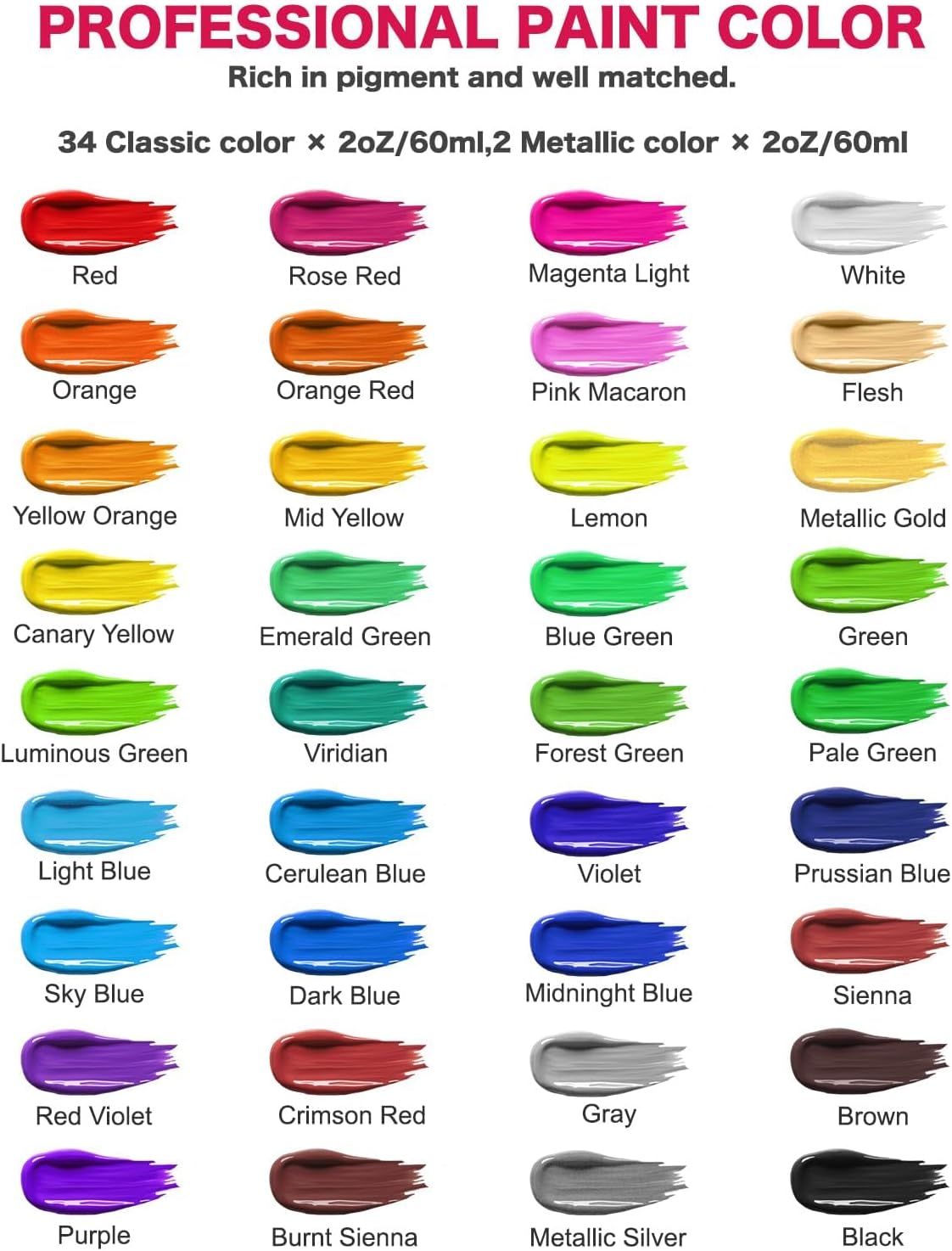 Showcases the wide range of professional paint colors available, emphasizing the richness and quality of the pigments.