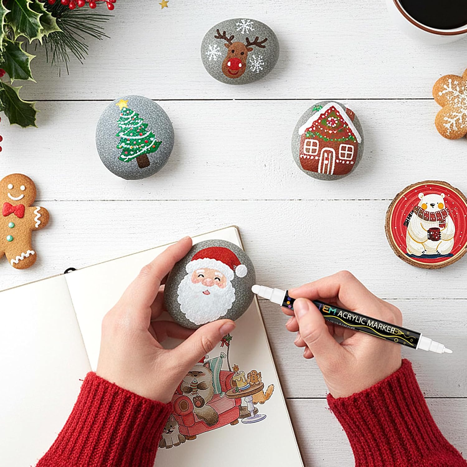 Showcases a festive DIY craft idea for painting Christmas-themed designs on rocks, inspiring customers to engage in holiday creativity. Demonstrates the process of painting holiday designs on rocks,…
