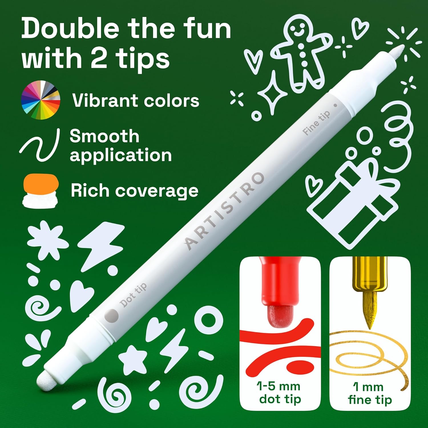 Highlights multiple features of the art marker to showcase its versatility and quality for creative projects.