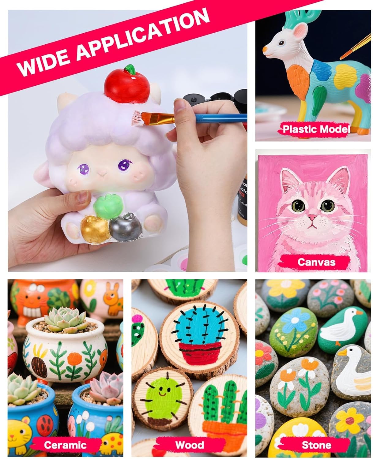 Showcases the wide range of materials and objects that can be painted or decorated using the product, encouraging creative use across different mediums.
