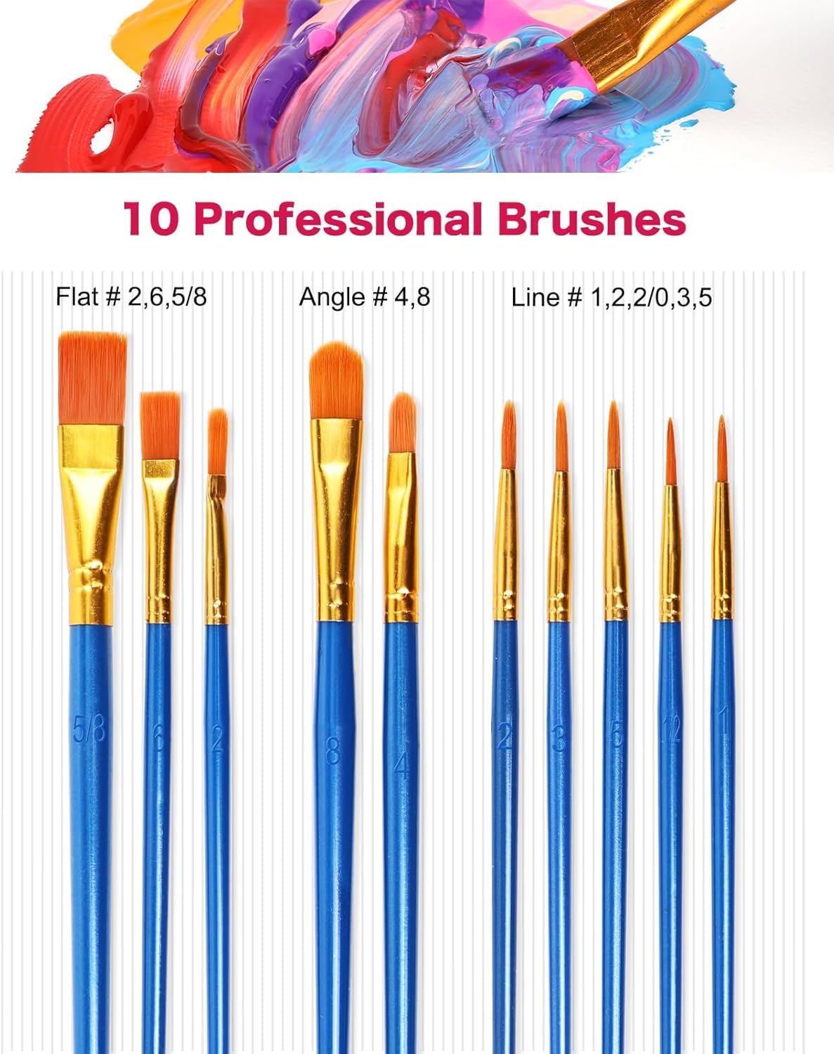 Shows the complete set of 10 professional brushes included, highlighting the variety of brush types and sizes for different painting techniques.