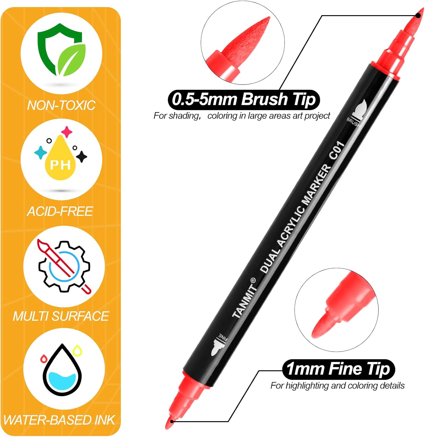 Highlights multiple key features of the marker to demonstrate its versatility and safety for various art projects.