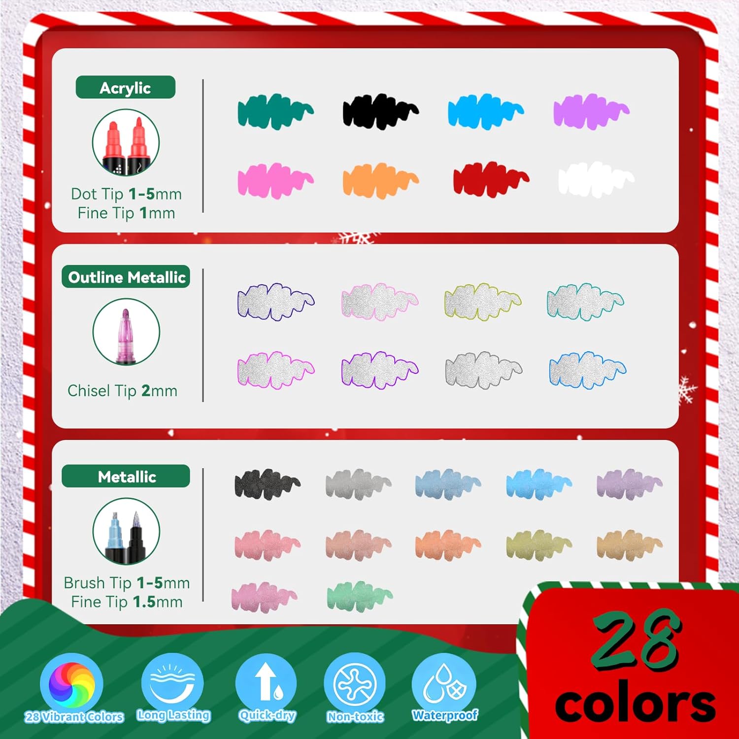 Showcases the full range of colors and marker types included in the set, helping customers understand the product's versatility. Uses a festive red and white candy cane border to position the…