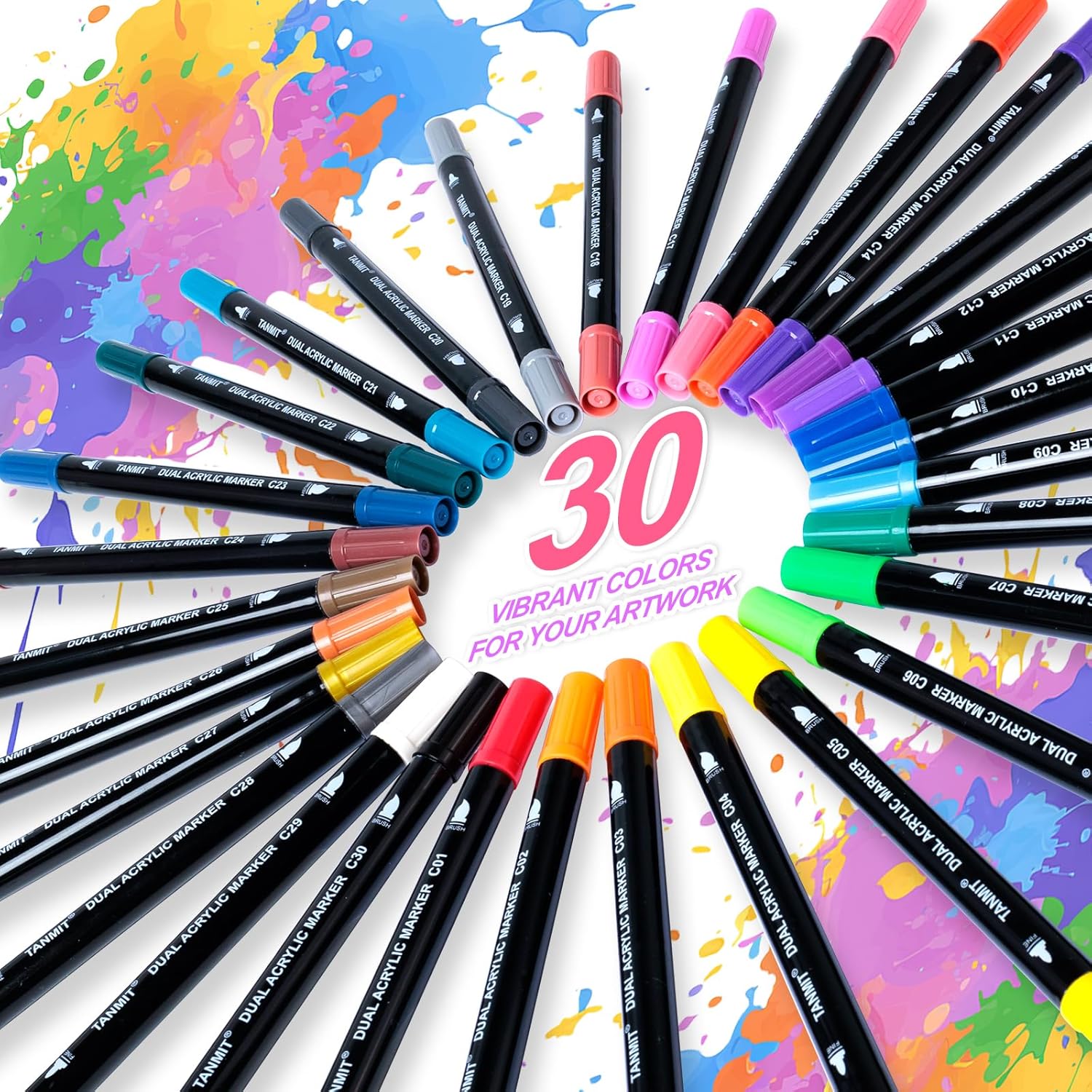 Showcases the wide range of 30 vibrant colors available in the marker set, emphasizing the product's versatility for various artistic applications.