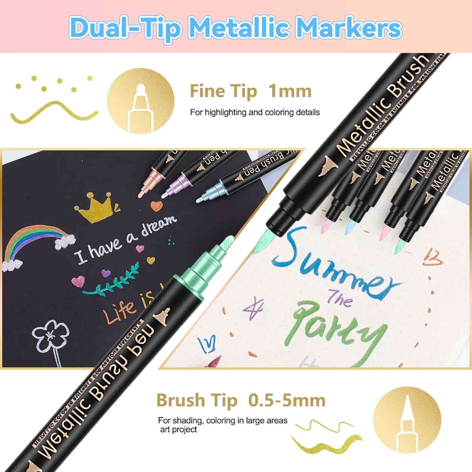 Showcases the dual-tip functionality and metallic color options of the markers to highlight their versatility for different artistic applications.