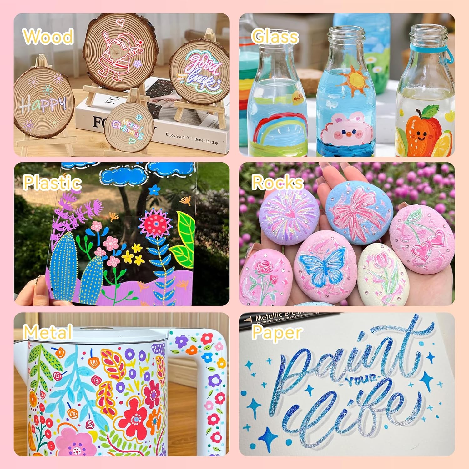 Demonstrates the variety of materials that can be painted or decorated using the product, encouraging creative use across different mediums.