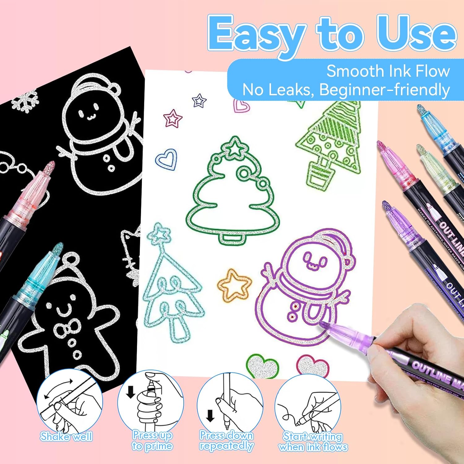 Demonstrates the simple steps to use the outline marker pens, emphasizing their ease of use and beginner-friendly nature. Highlights the main benefit of the product being easy to use, with smooth…