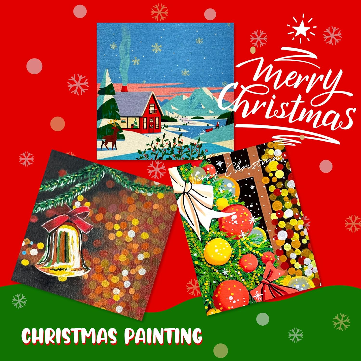 Promotes Christmas-themed paintings to appeal to holiday shoppers and create a festive mood.