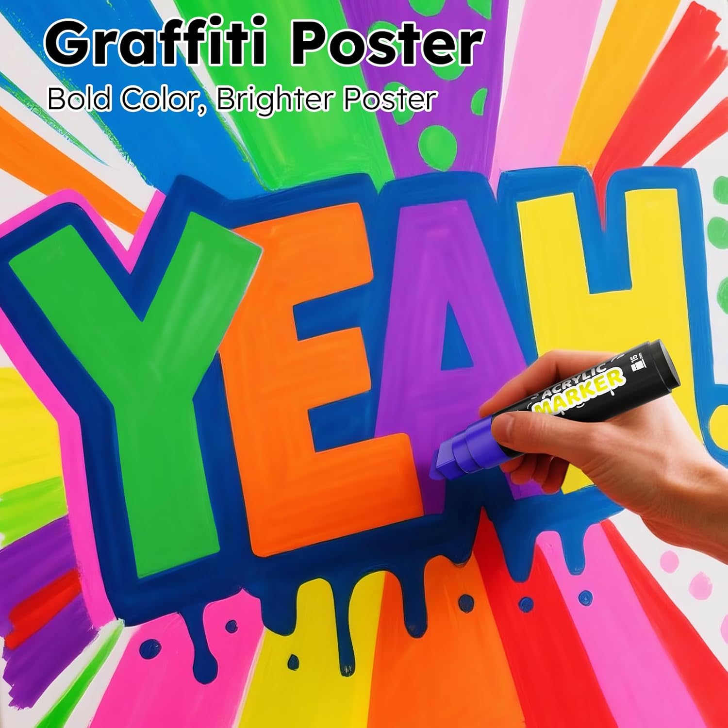 Highlights the vibrant and bold color output of the acrylic markers on posters, emphasizing their ability to create eye-catching graffiti-style designs.