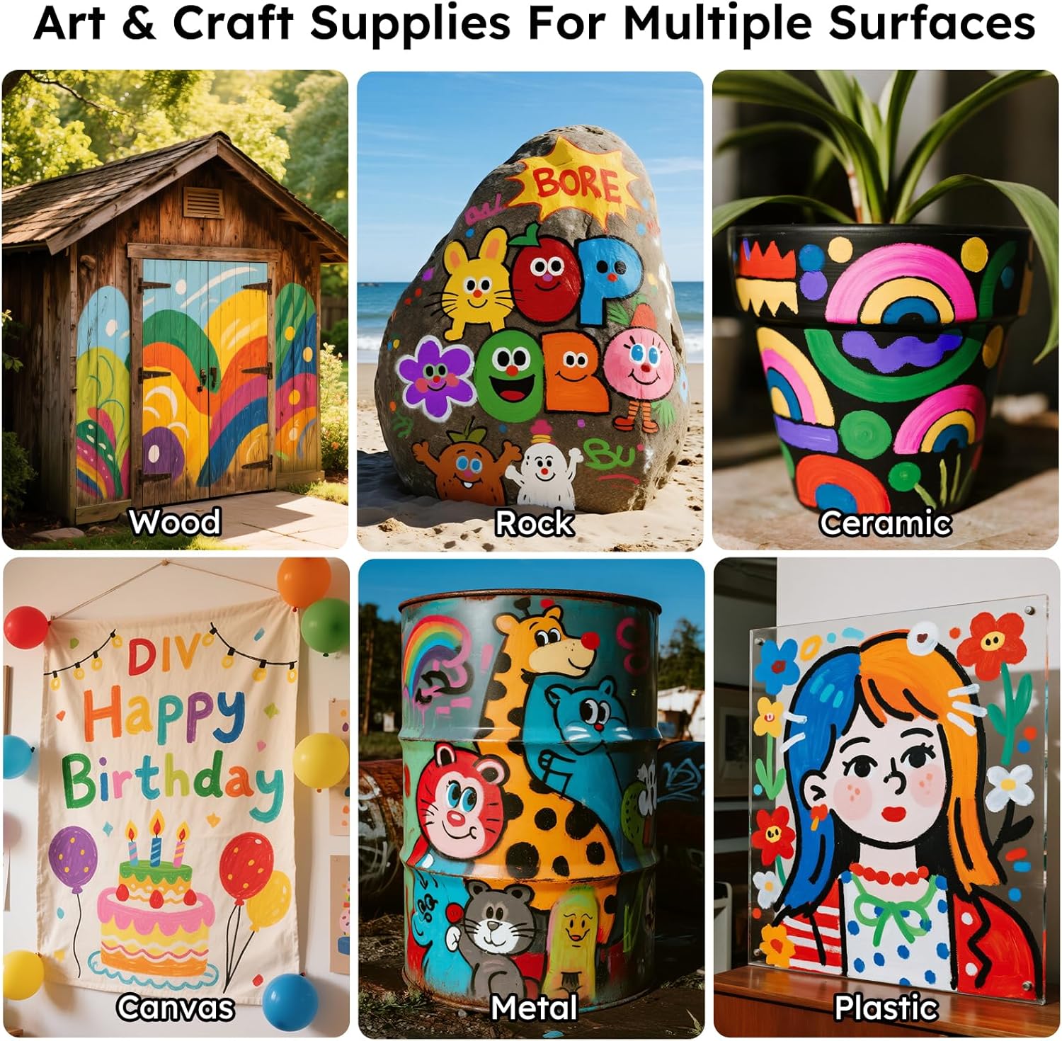 Demonstrates the versatility of art supplies by showing their use on various surfaces like wood, rock, ceramic, canvas, metal, and plastic.