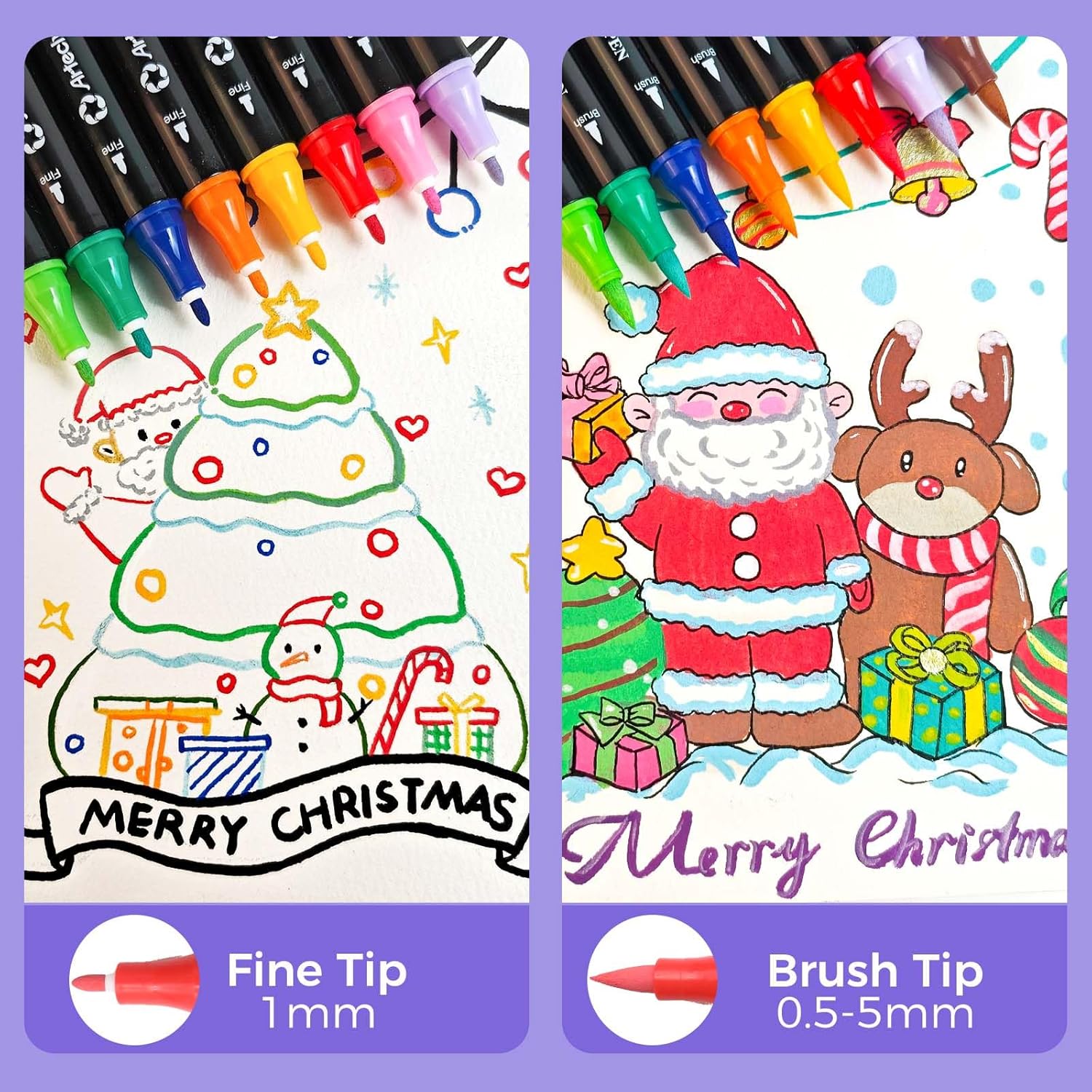 Showcases the product's versatility for creating detailed Christmas artwork, appealing to holiday crafters and artists. Demonstrates the different effects achievable with the fine tip and brush tip,…