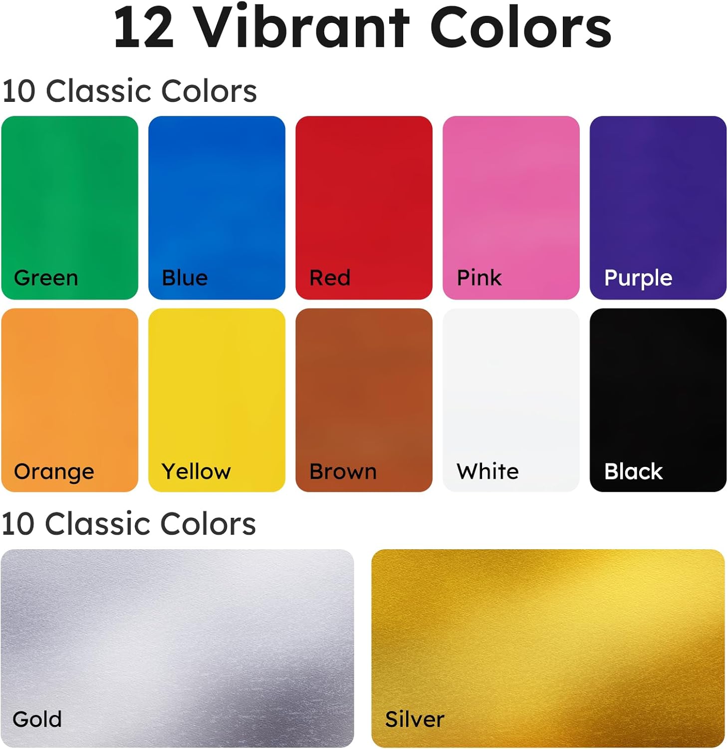 Showcases the range of 12 vibrant colors available for the product, helping customers understand the color options at a glance.