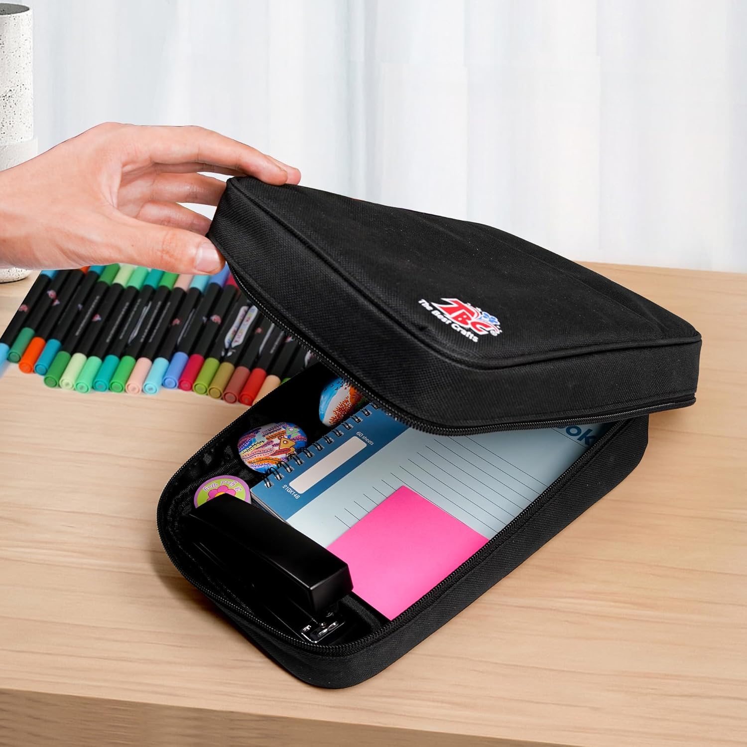 Shows the variety of items that can be stored in the product, demonstrating its capacity and organizational features.