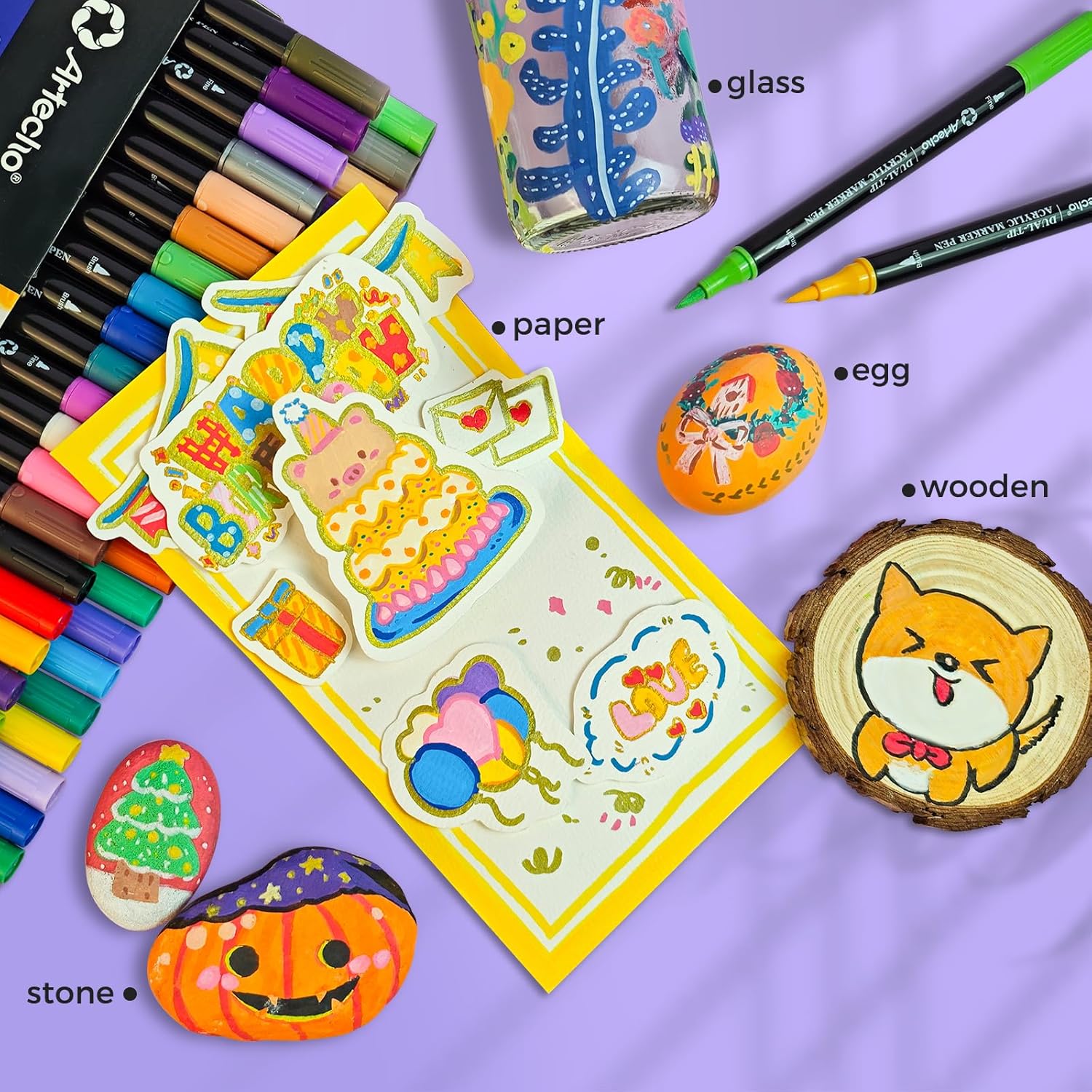 Demonstrates the variety of surfaces and materials that can be decorated using the art supplies, showcasing the product's versatility.
