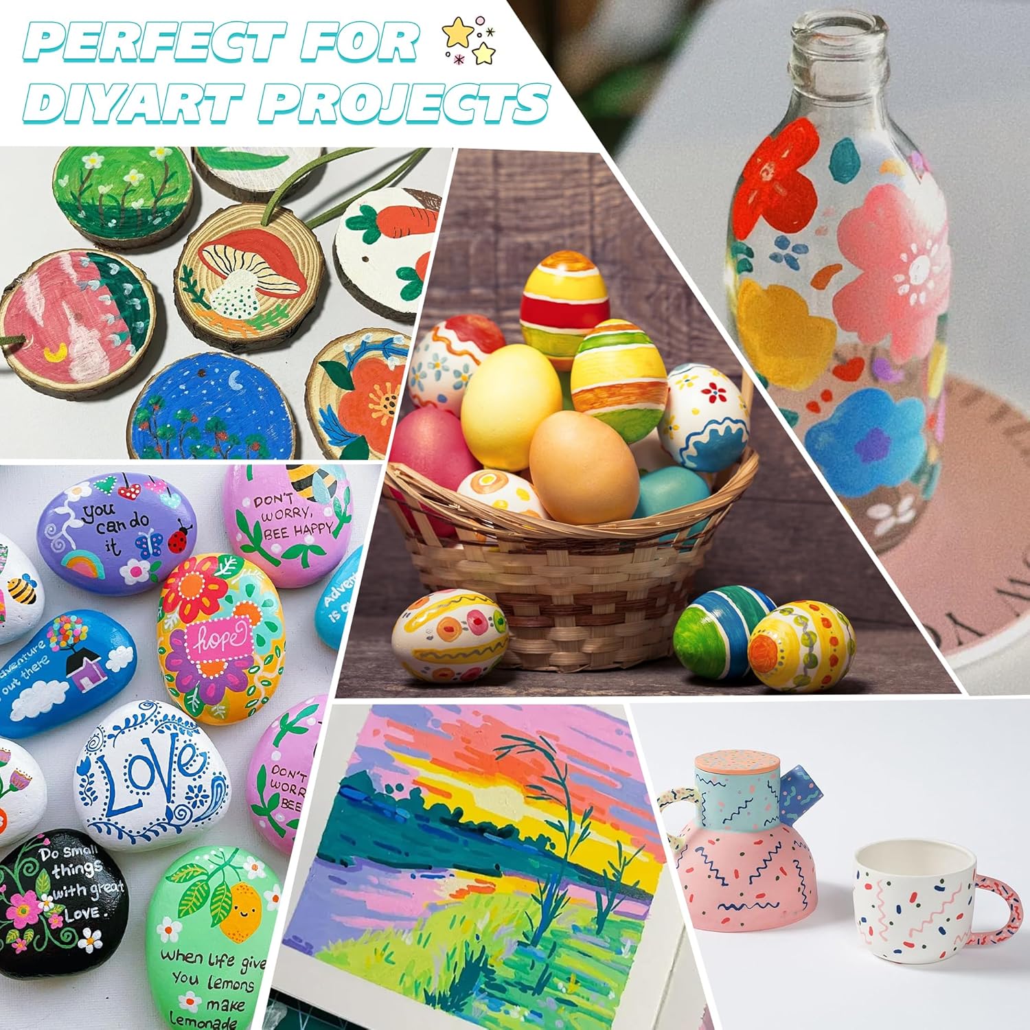 Showcases various creative DIY art projects that can be made using the product, encouraging customers to see its versatility for crafting.